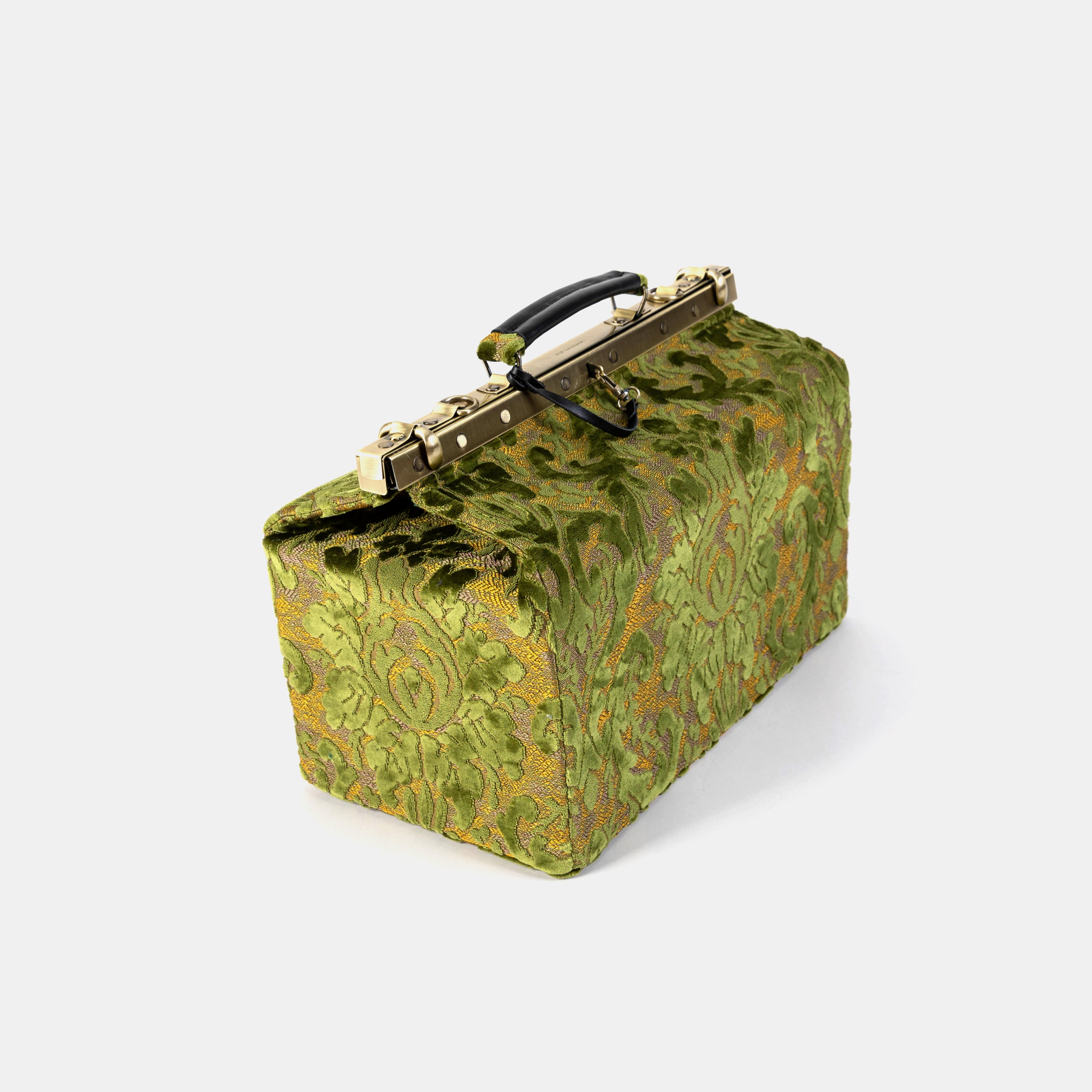 Gladstone Bag Carpet Doctor Bag Victorian Weekender Bag Shoulder Frame Bag Genevieve Burnout Velvet Fern Green Carpetbagger Carpetbag of America side