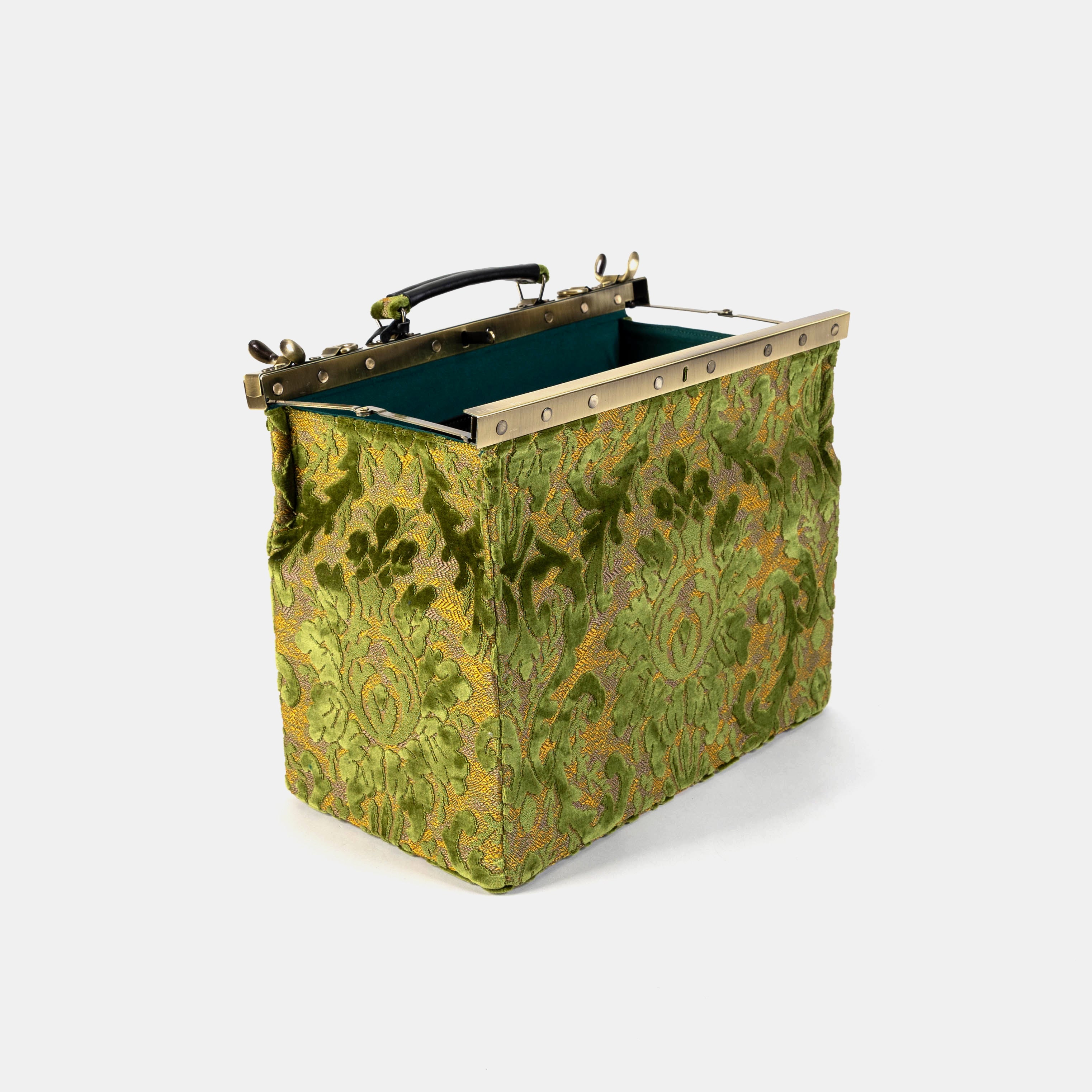 Gladstone Bag Carpet Doctor Bag Victorian Weekender Bag Shoulder Frame Bag Genevieve Burnout Velvet Fern Green Carpetbagger Carpetbag of America open and stand