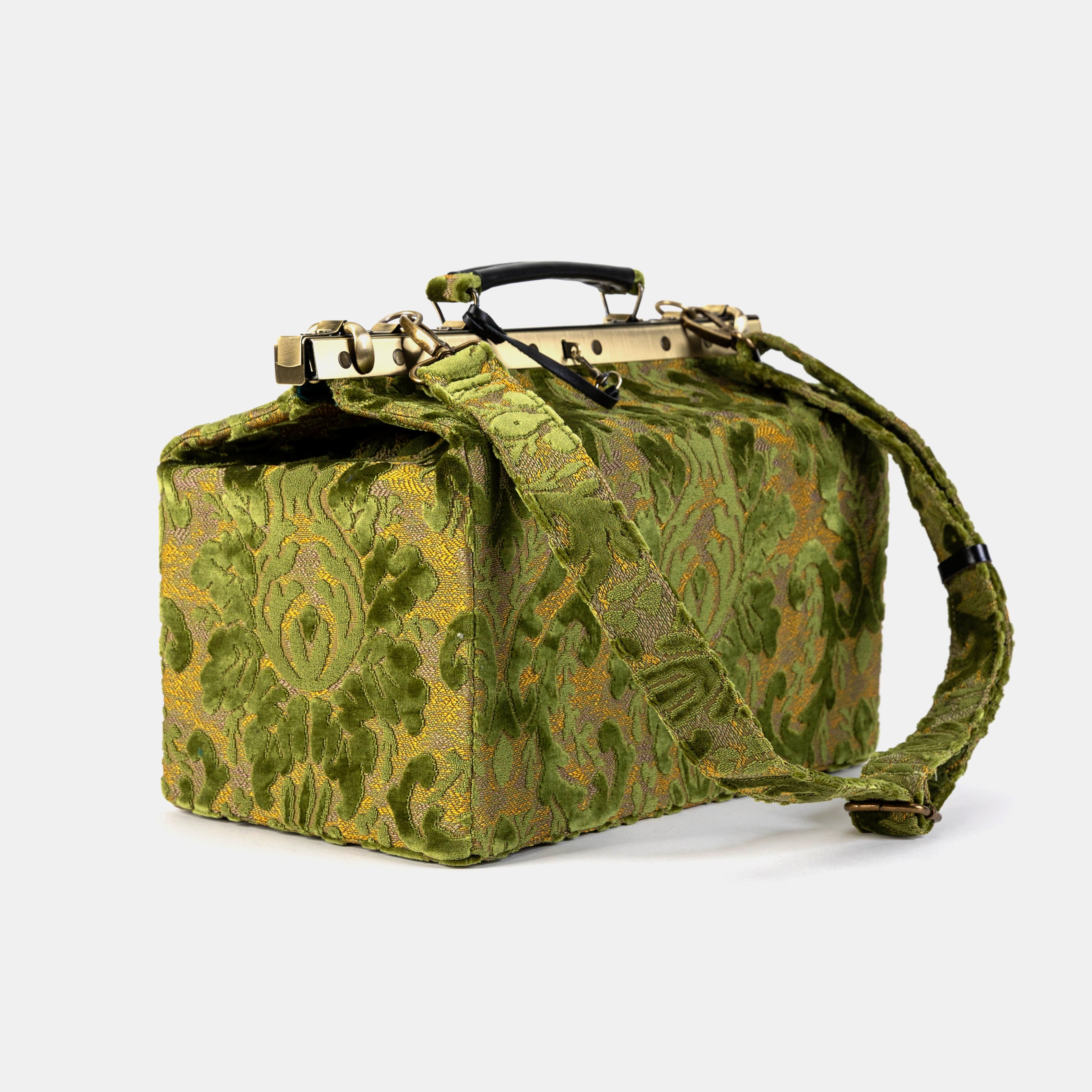 Gladstone Bag Carpet Doctor Bag Victorian Weekender Bag Shoulder Frame Bag Genevieve Burnout Velvet Fern Green Carpetbagger Carpetbag of America with shoulder strap