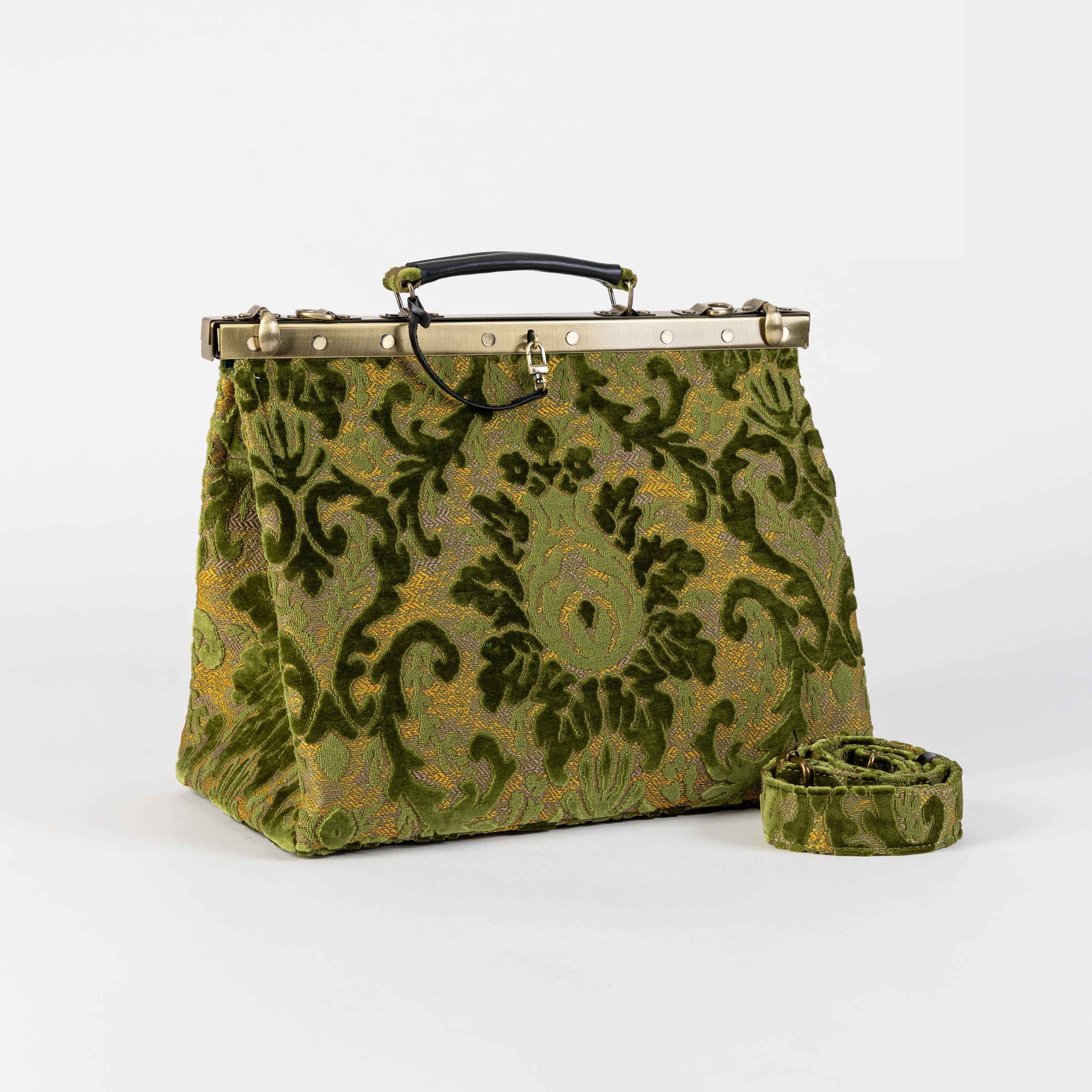 Gladstone Bag-Carpet Doctor Bag-Victorian Weekender Bag-Shoulder Frame Bag-Celine Burnout Velvet Fern Green Carpetbagger Carpetbag of America main