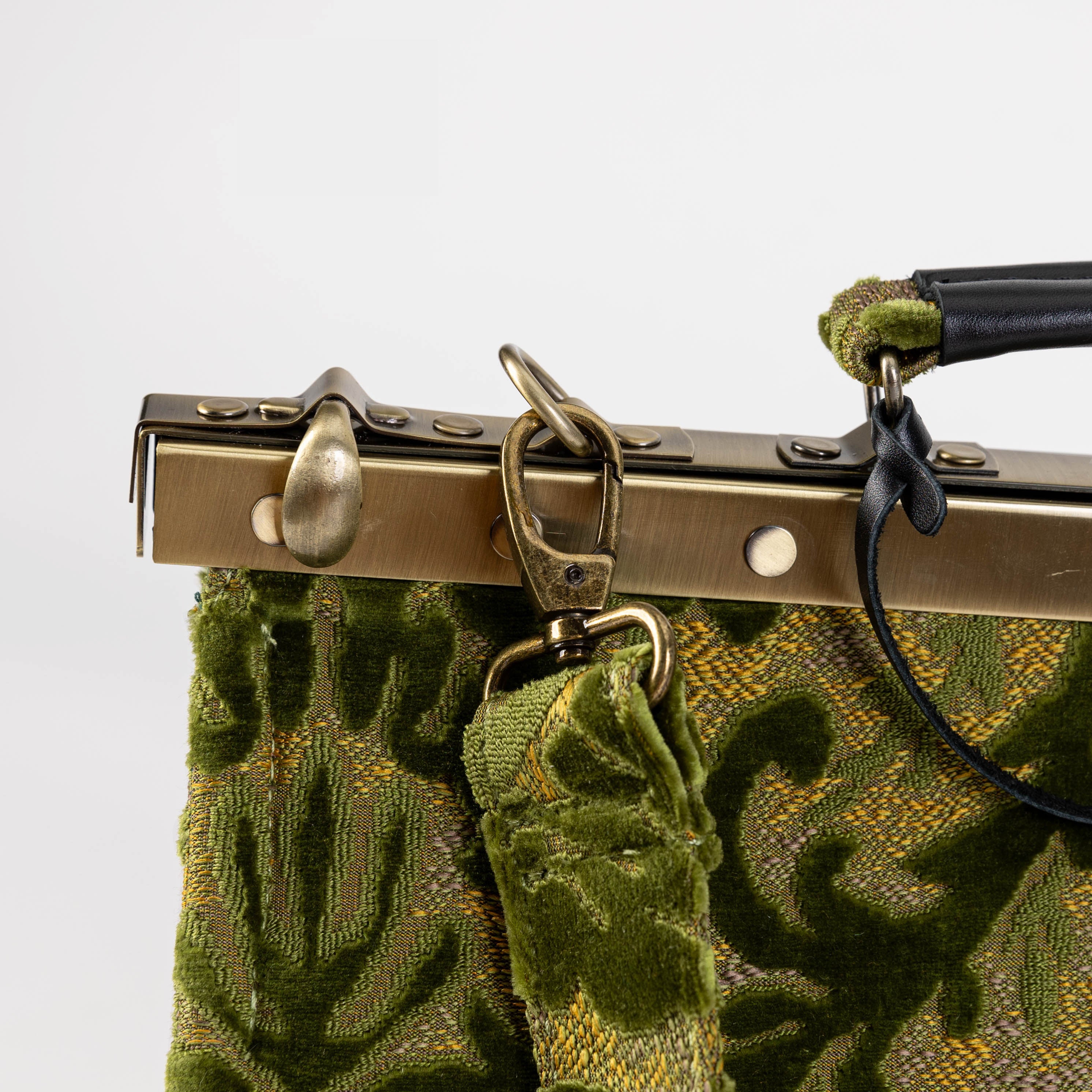 Gladstone Bag-Carpet Doctor Bag-Victorian Weekender Bag-Shoulder Frame Bag-Celine Burnout Velvet Fern Green Carpetbagger Carpetbag of America shoulder strap clasp