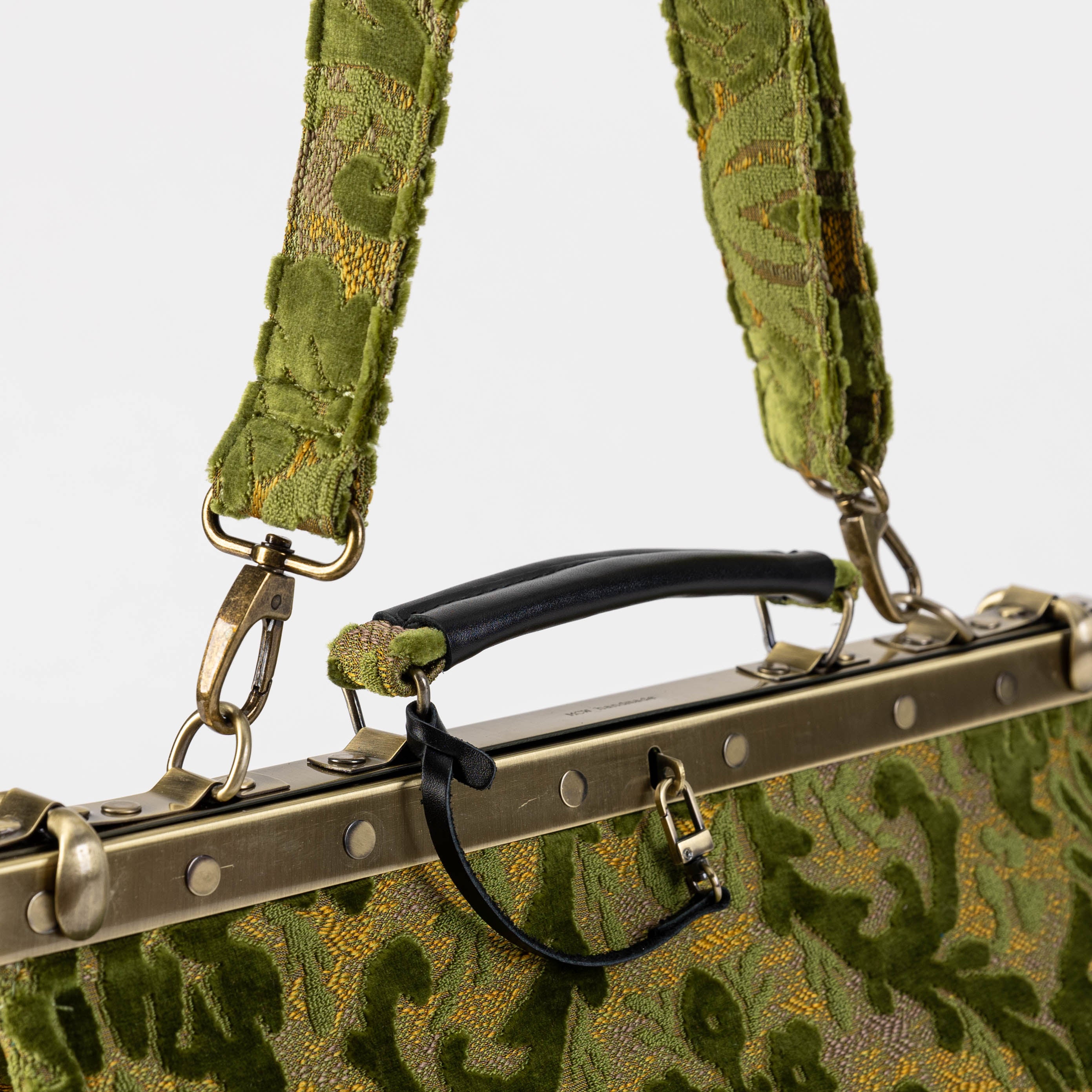 Gladstone Bag-Carpet Doctor Bag-Victorian Weekender Bag-Shoulder Frame Bag-Celine Burnout Velvet Fern Green Carpetbagger Carpetbag of America handle