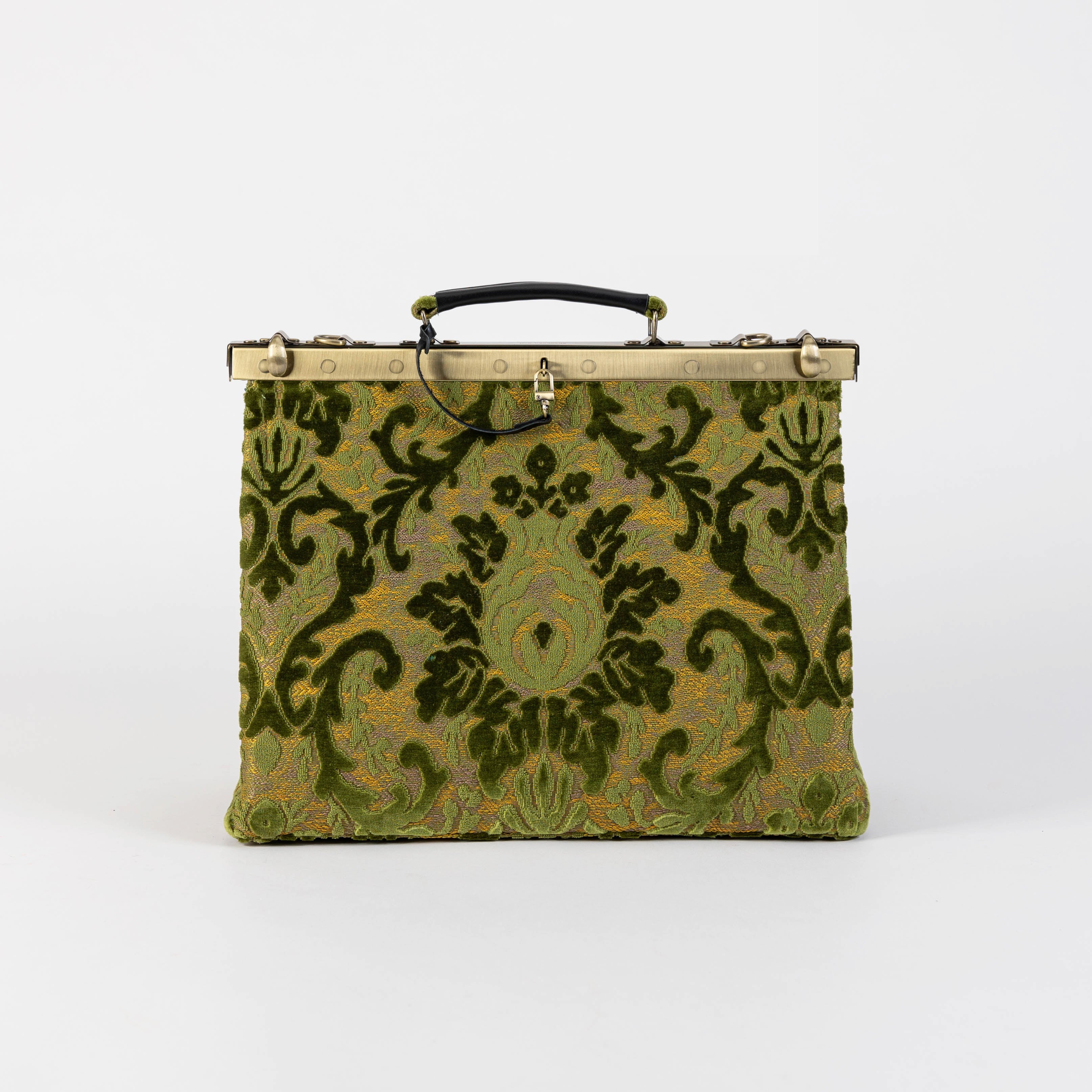 Gladstone Bag-Carpet Doctor Bag-Victorian Weekender Bag-Shoulder Frame Bag-Celine Burnout Velvet Fern Green Carpetbagger Carpetbag of America front