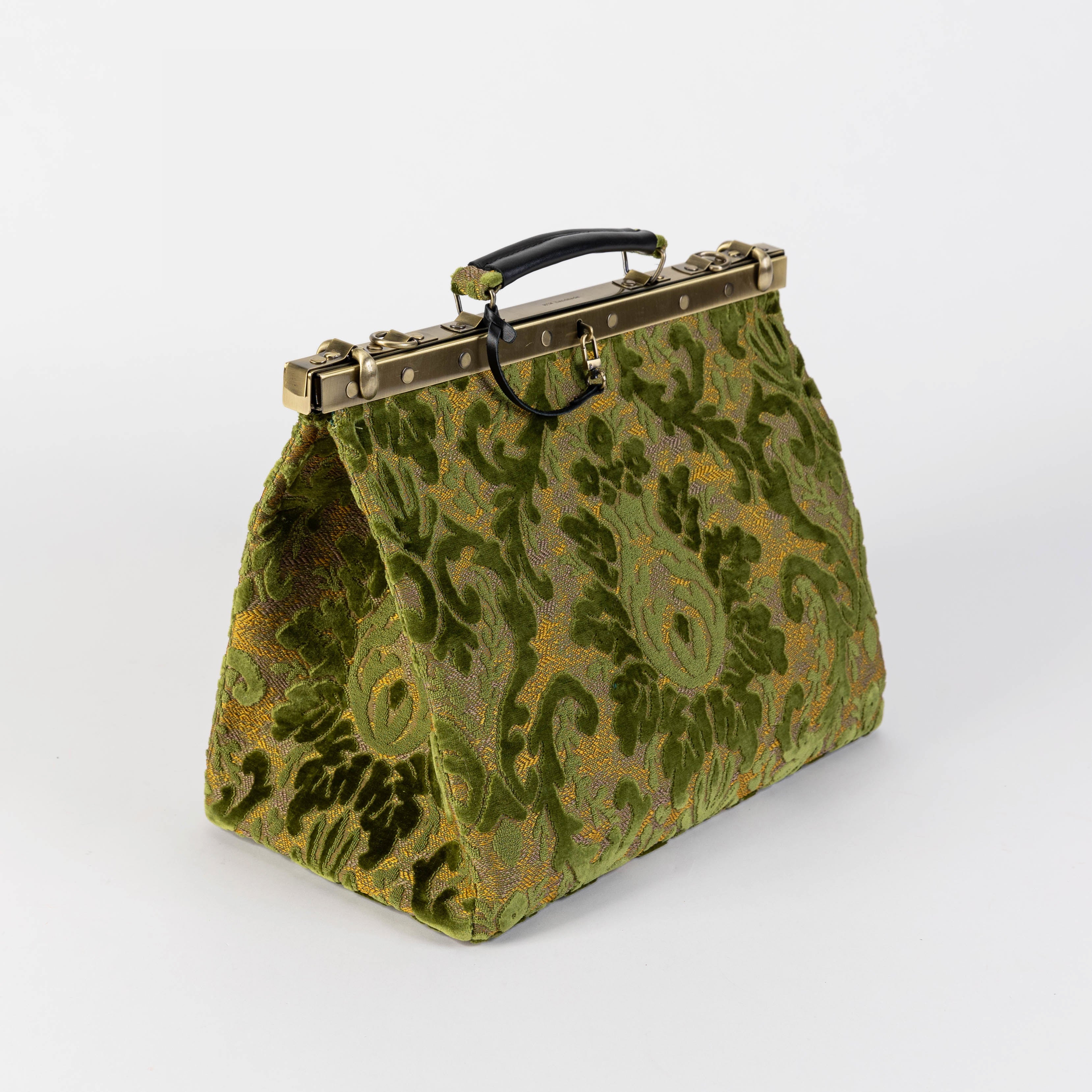 Gladstone Bag-Carpet Doctor Bag-Victorian Weekender Bag-Shoulder Frame Bag-Celine Burnout Velvet Fern Green Carpetbagger Carpetbag of America side