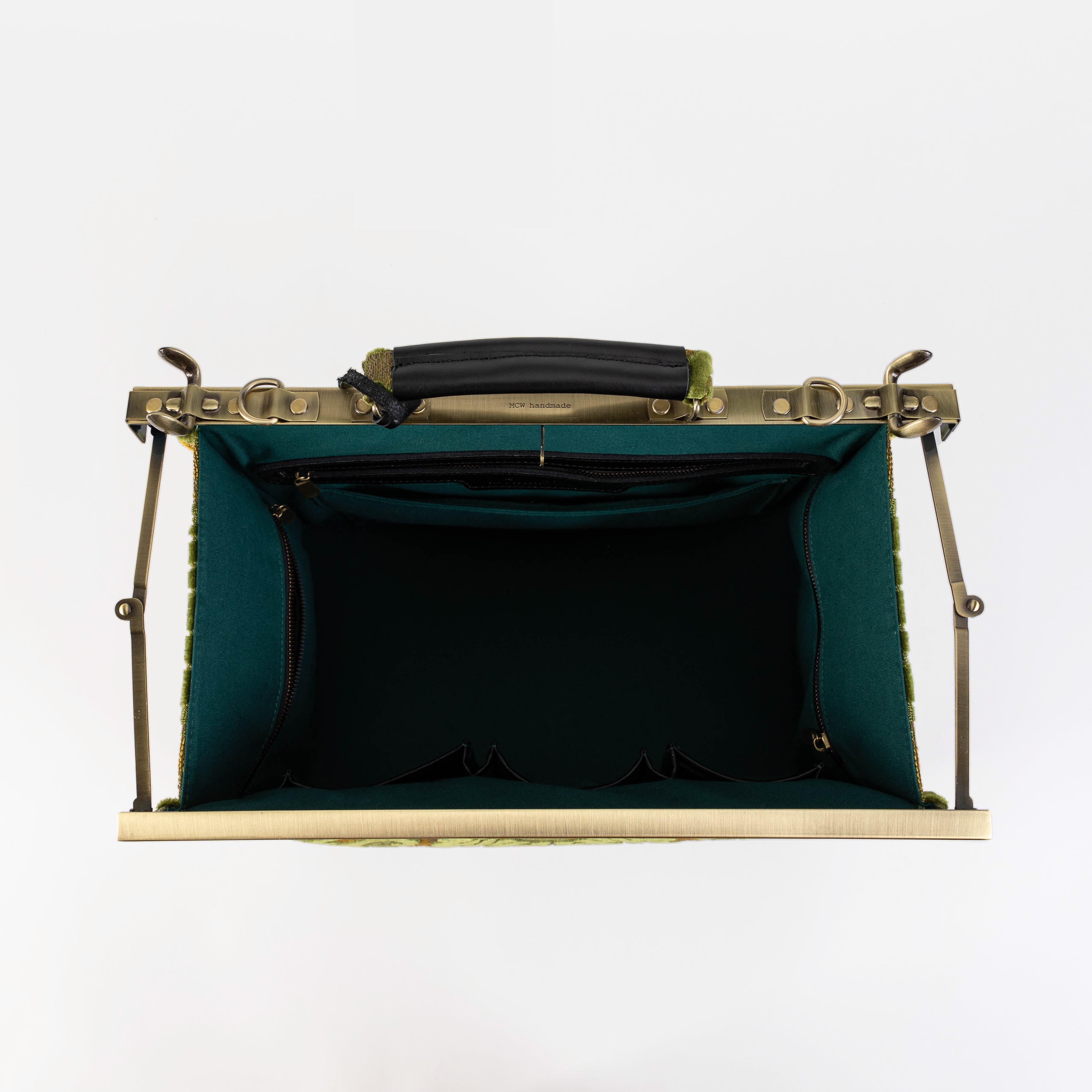 Gladstone Bag-Carpet Doctor Bag-Victorian Weekender Bag-Shoulder Frame Bag-Celine Burnout Velvet Fern Green Carpetbagger Carpetbag of America inside