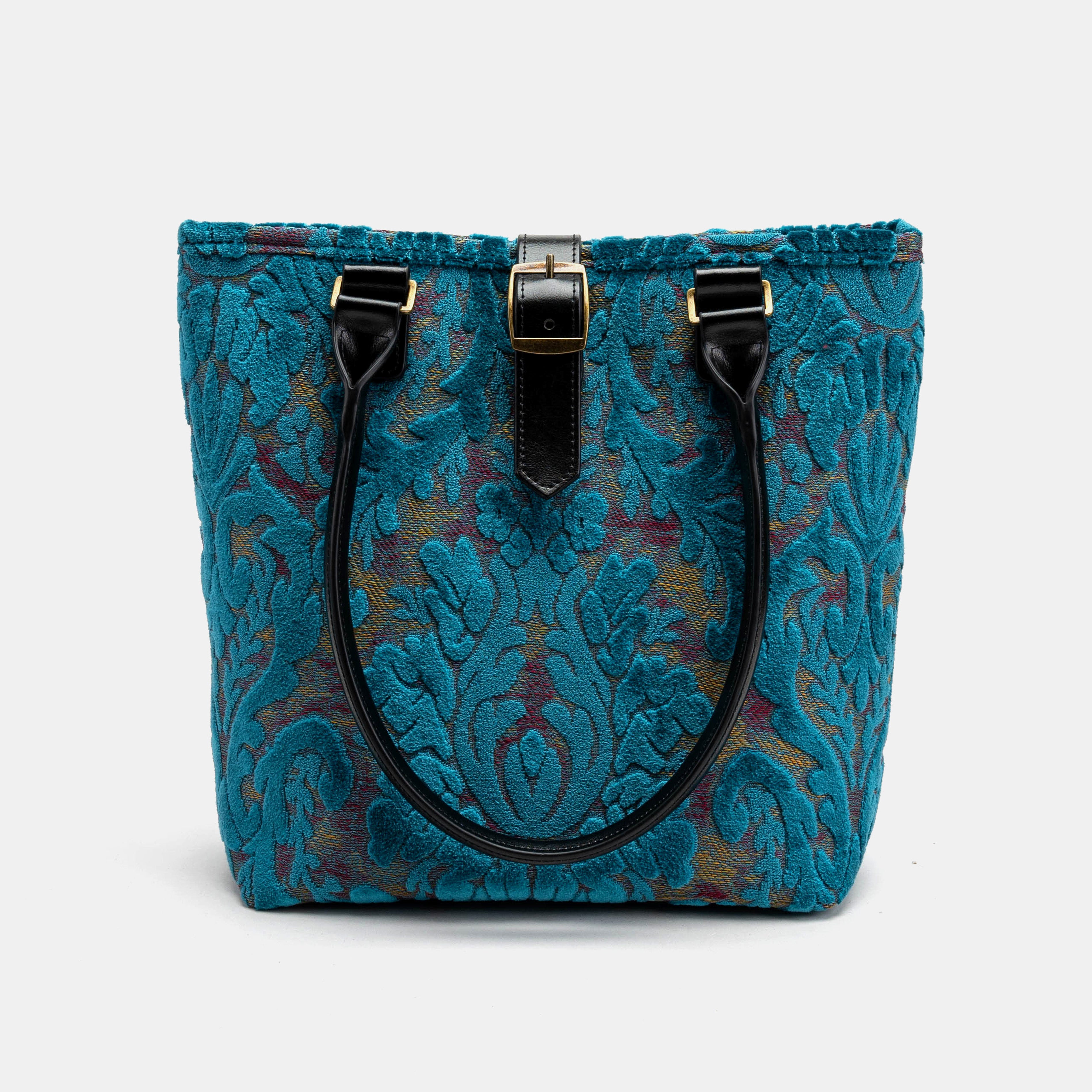 Burnout Velvet Aqua Blue Everyday Tote Bag Carpetbag of America shoulder strap hanging down