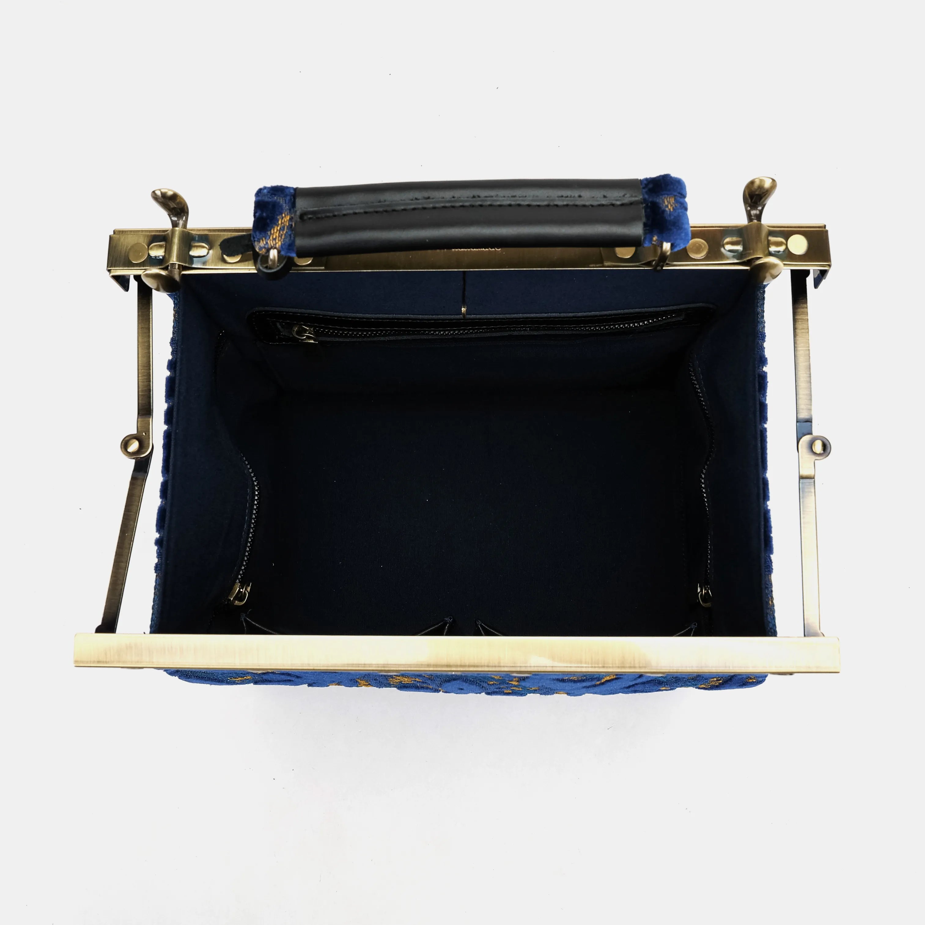 Burnout velvet Navy Vivienne Carpet Purse Gladstone Bag of America inside
