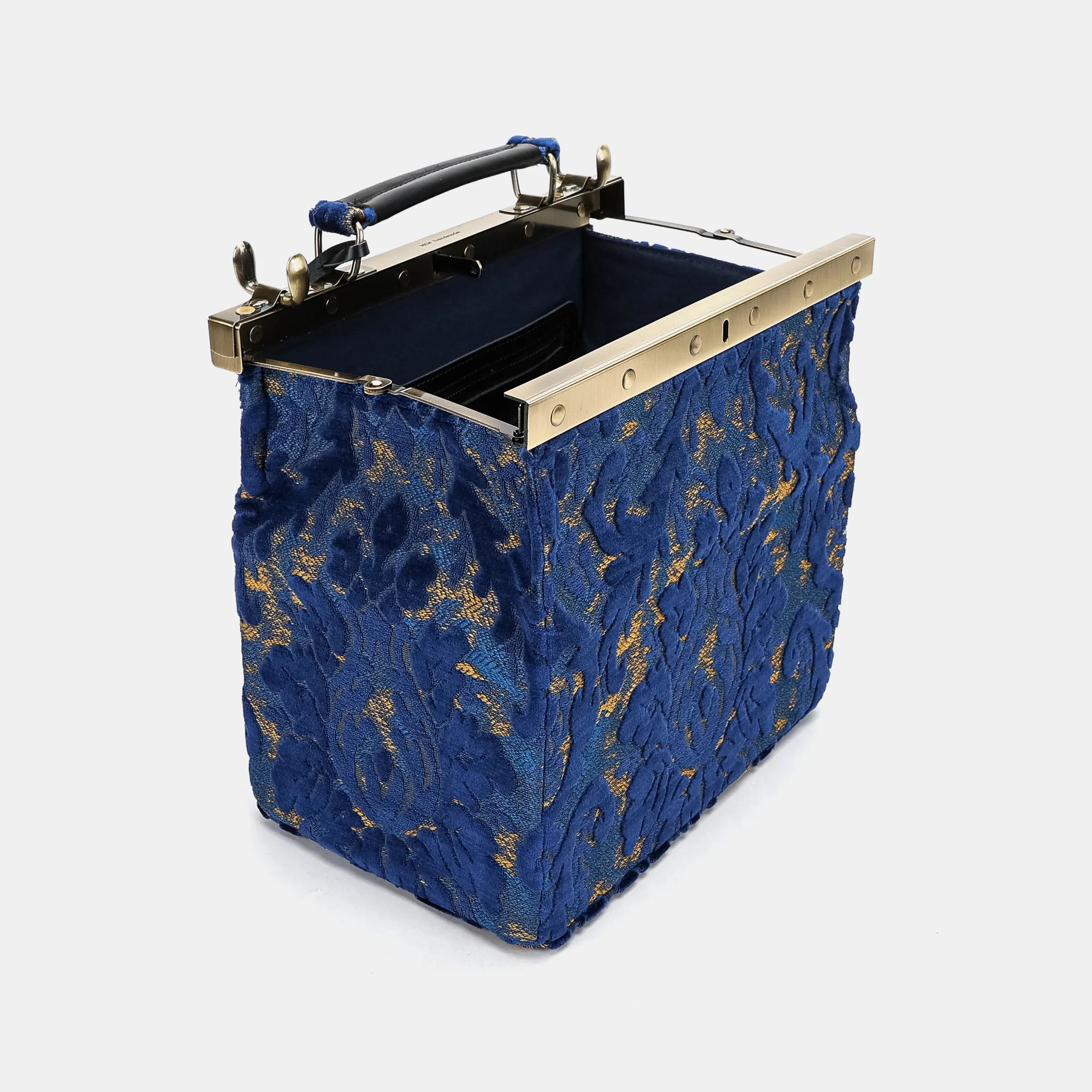Burnout velvet Navy Vivienne Carpet Purse Gladstone Bag of America open and stand
