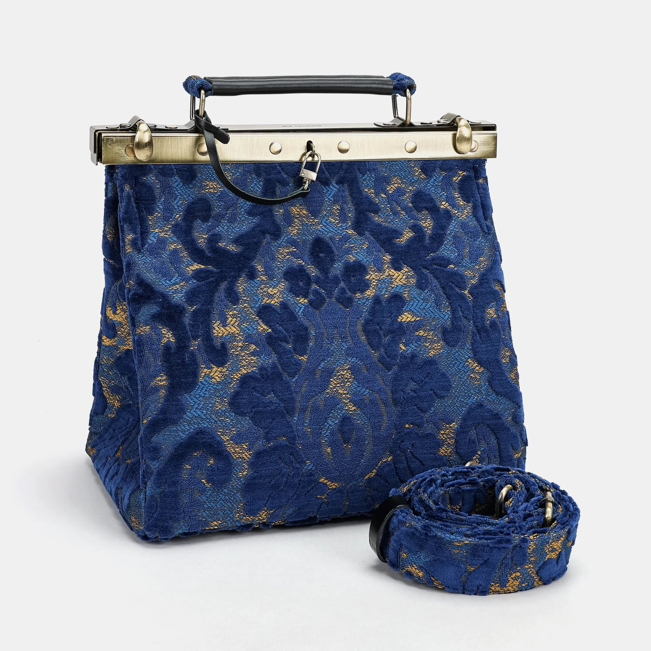 Burnout velvet Navy Cecile Carpet Purse Gladstone Bag of America with shoulder strap