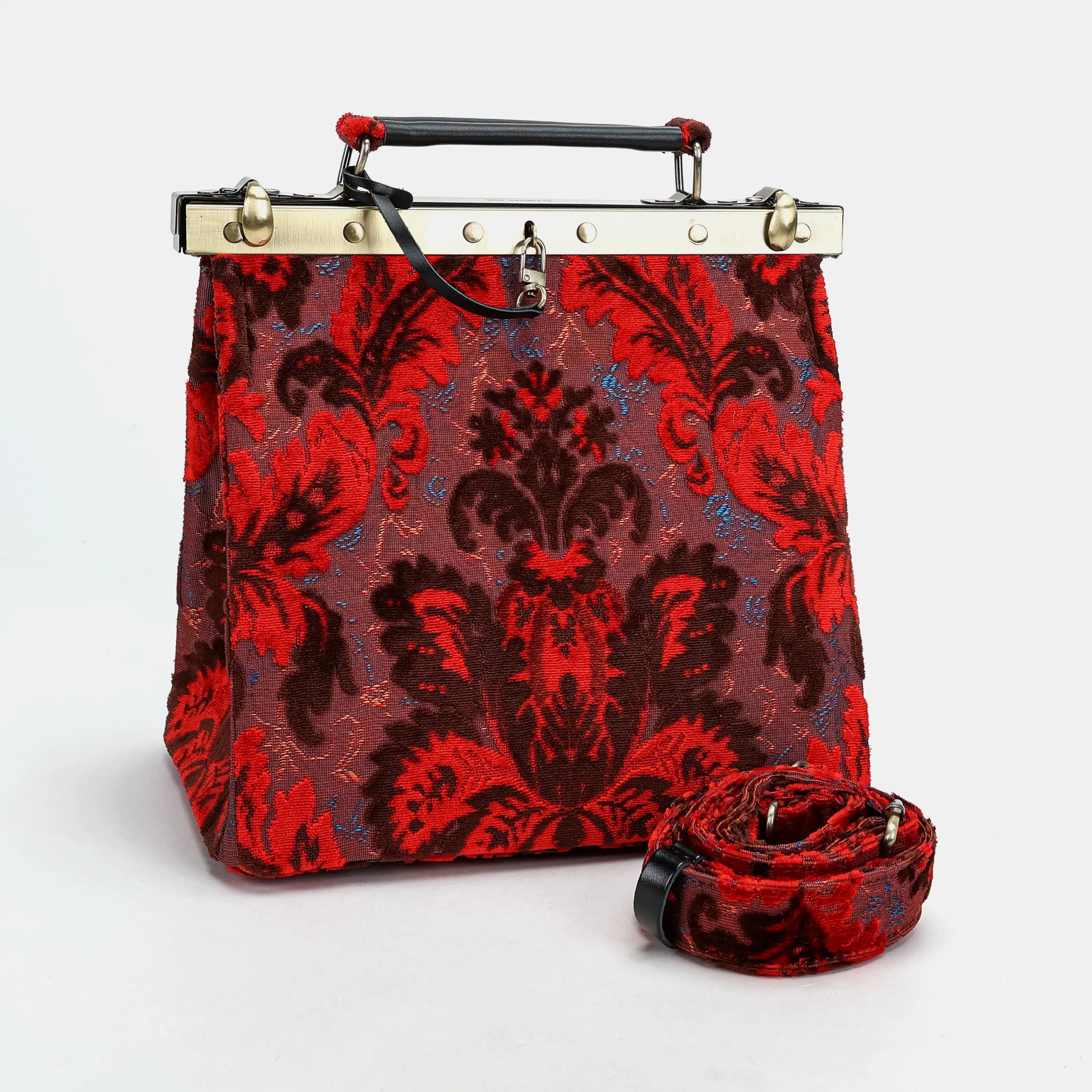 Burnout Velvet Revival Scarlet Cecile Carpet Purse Gladstone Bag with shoulder strap
