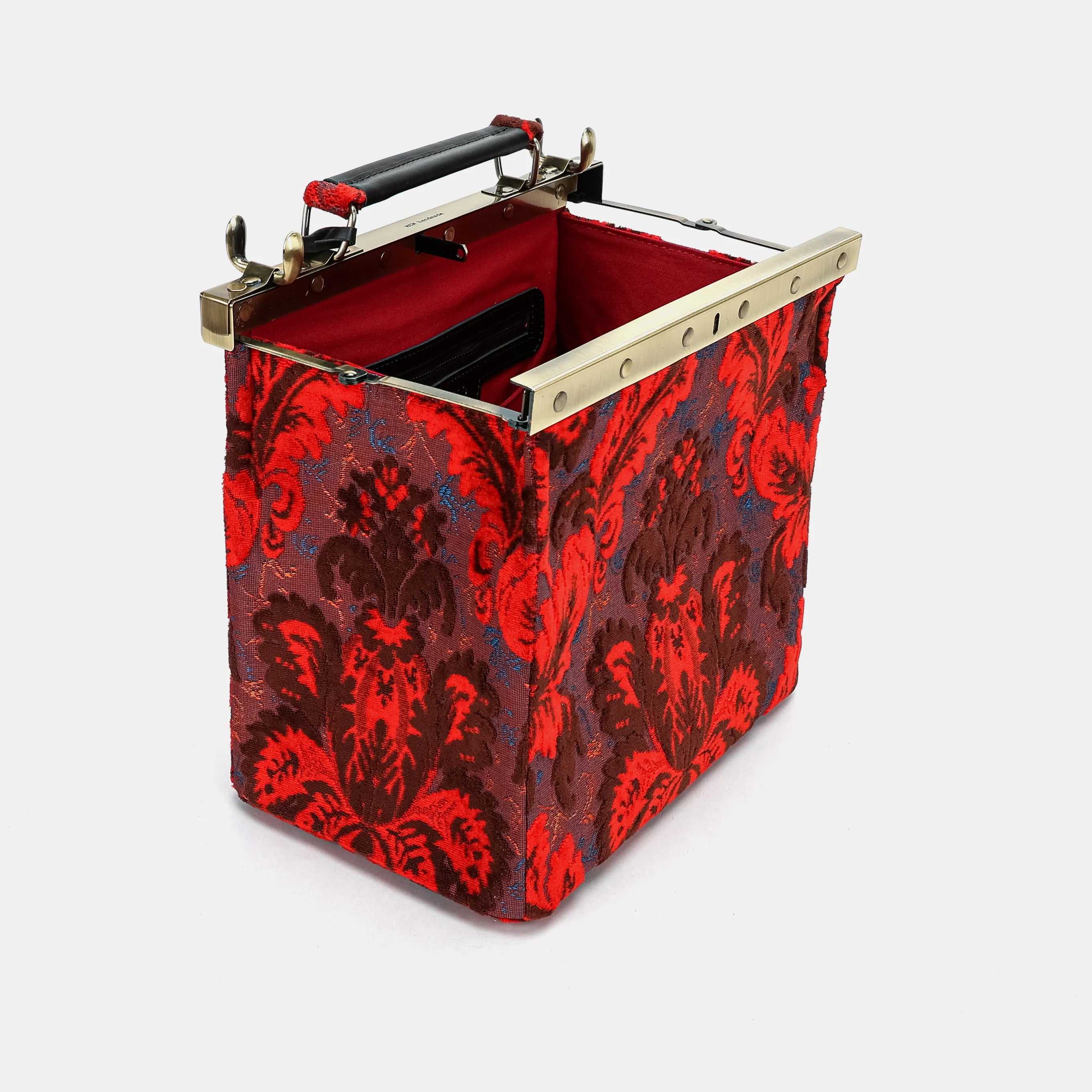 Burnout Velvet Revival Scarlet Cecile Carpet Purse Gladstone Bag open and stand