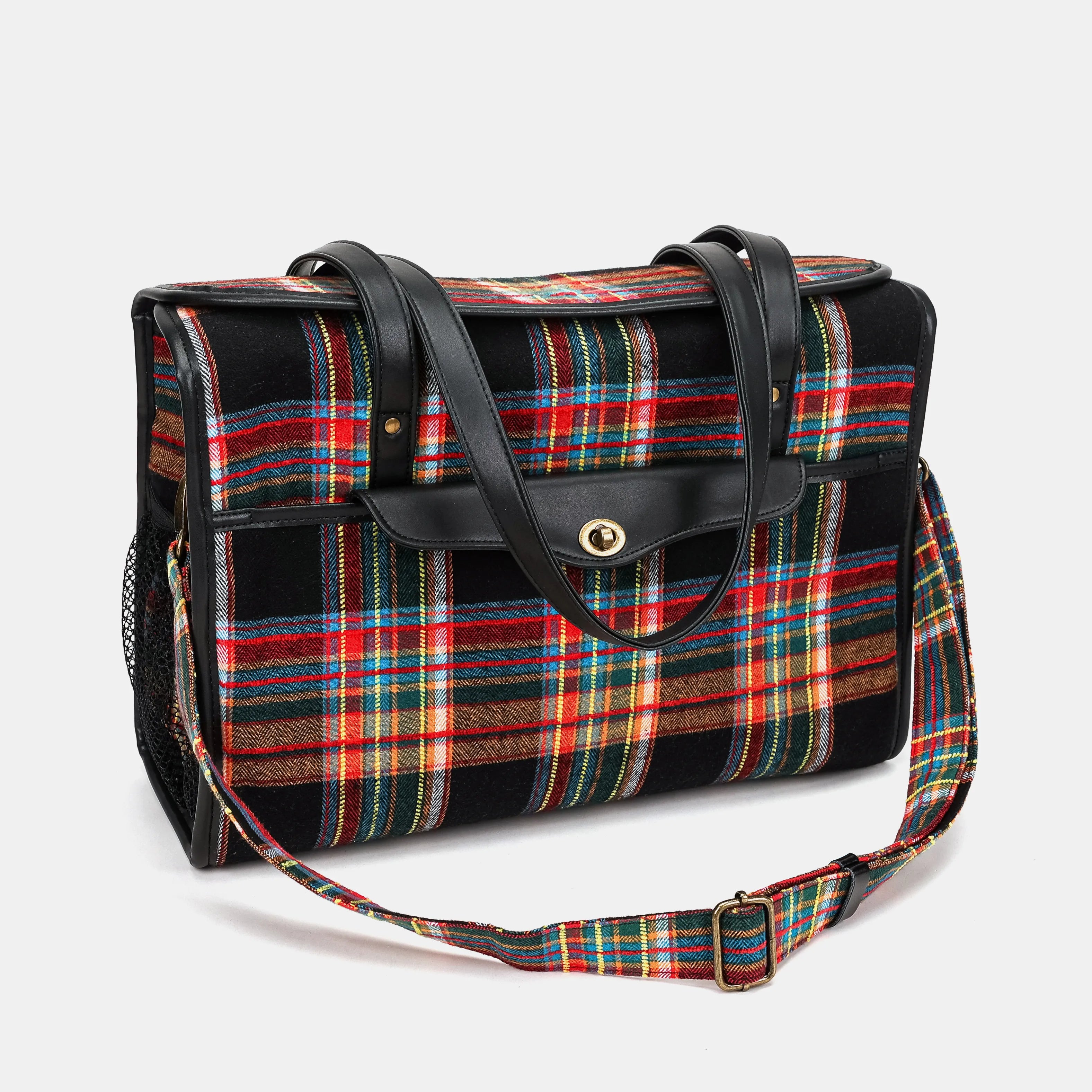 Tartan Stewart Black Vintage Carpet Diaper Bag Carpetbag of America with shoulder strap