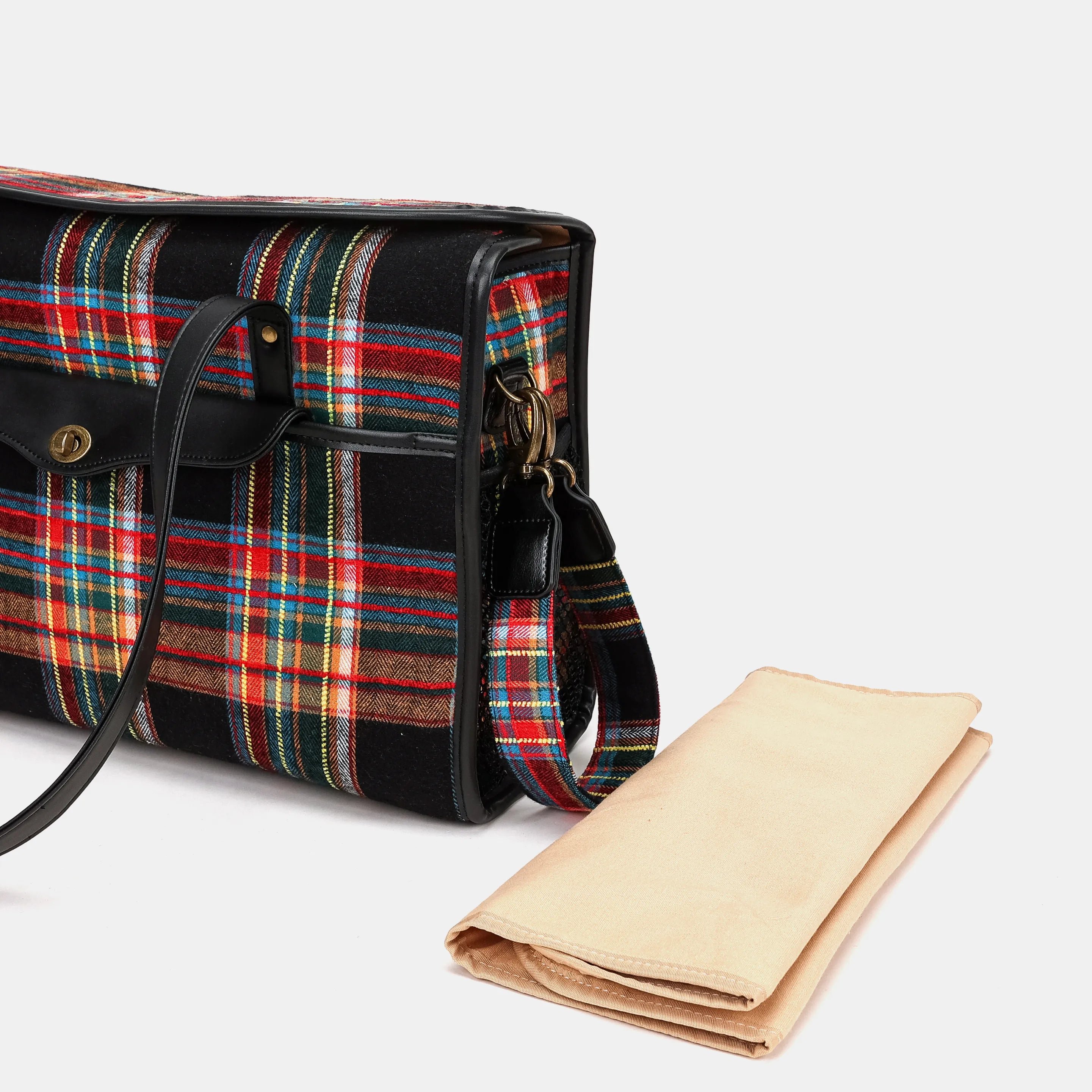 Tartan Stewart Black Vintage Carpet Diaper Bag Carpetbag of America changing mat