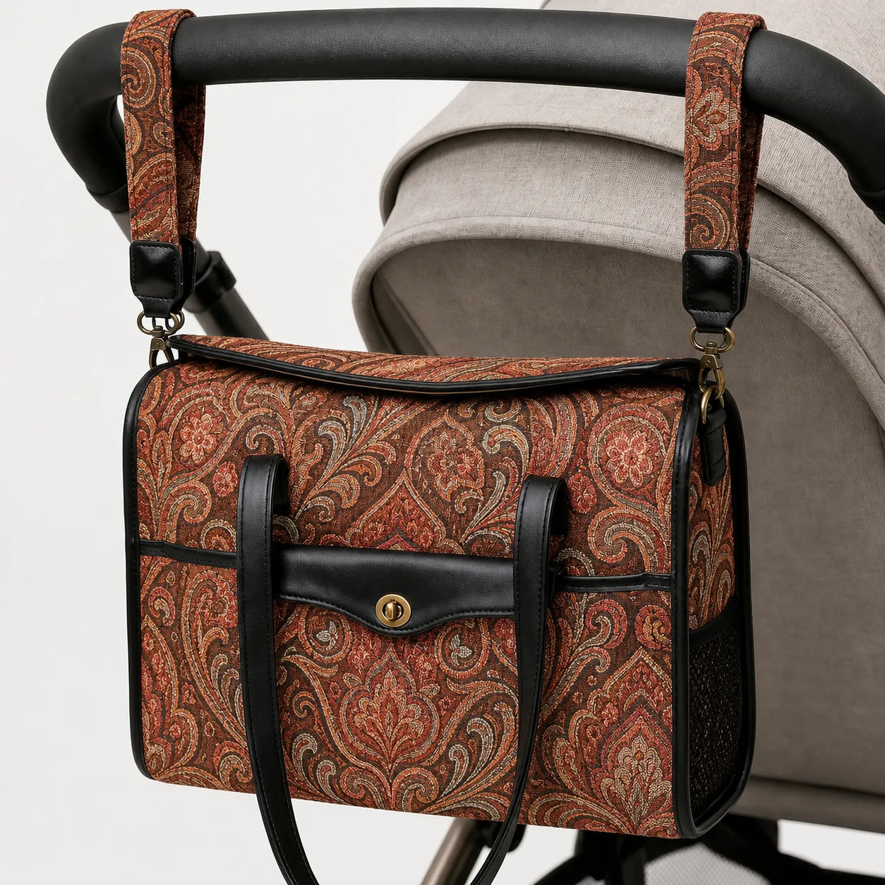 Damask D. Brown Vintage Carpet Diaper Bag Carpetbag of America hang