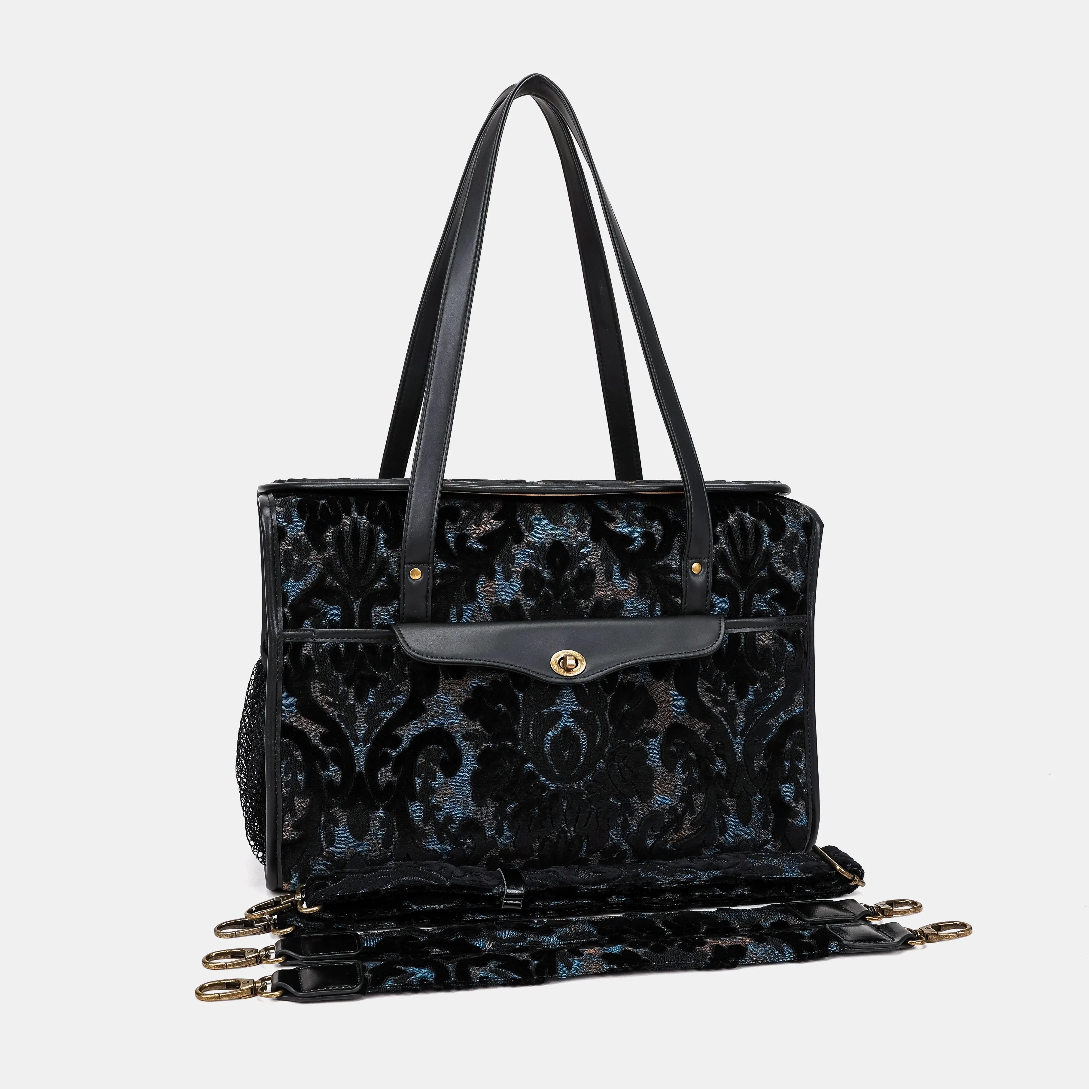 Burnout Velvet Black Vintage Carpet Diaper Bag Carpetbag of America with straps