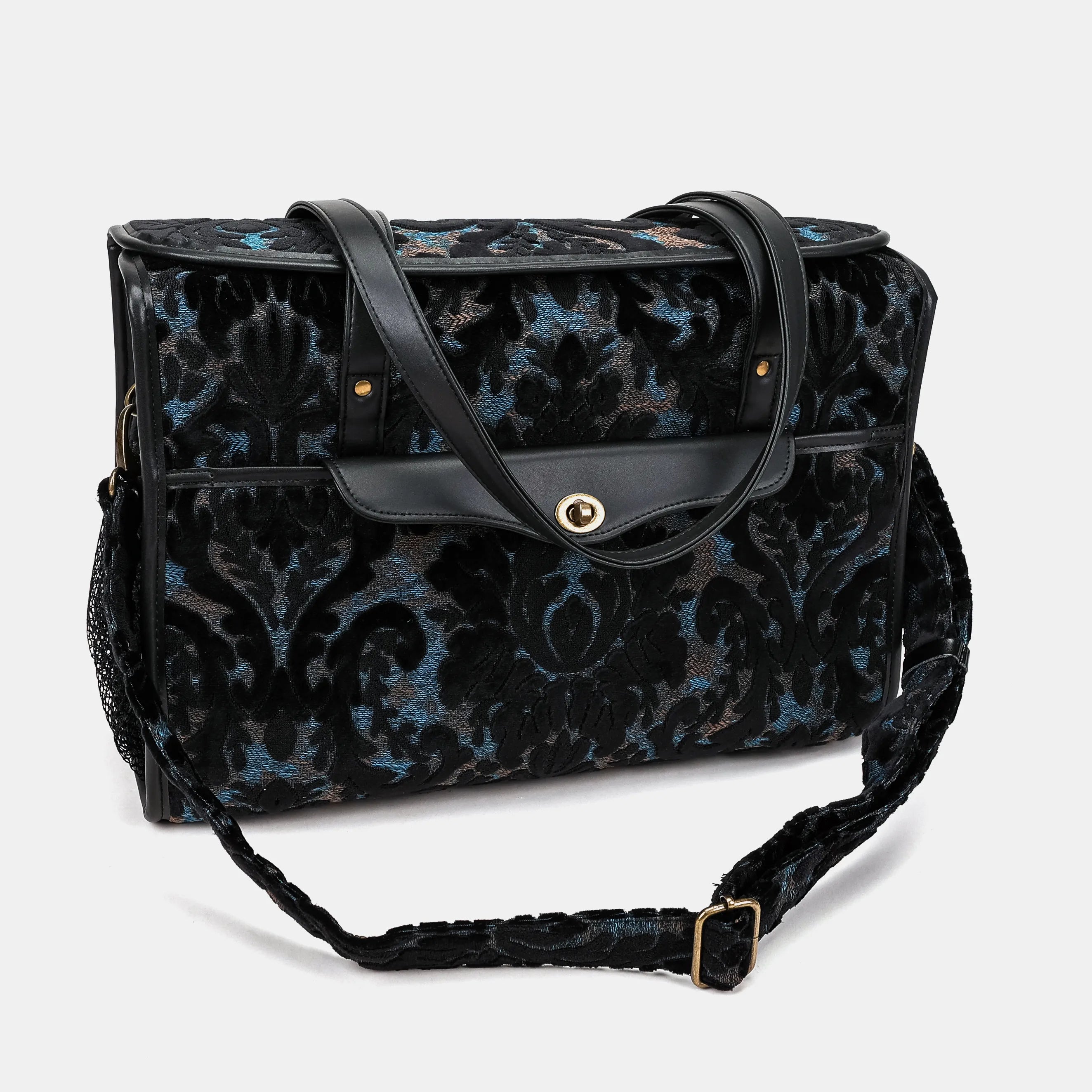 Burnout Velvet Black Vintage Carpet Diaper Bag Carpetbag of America with shoulder strap