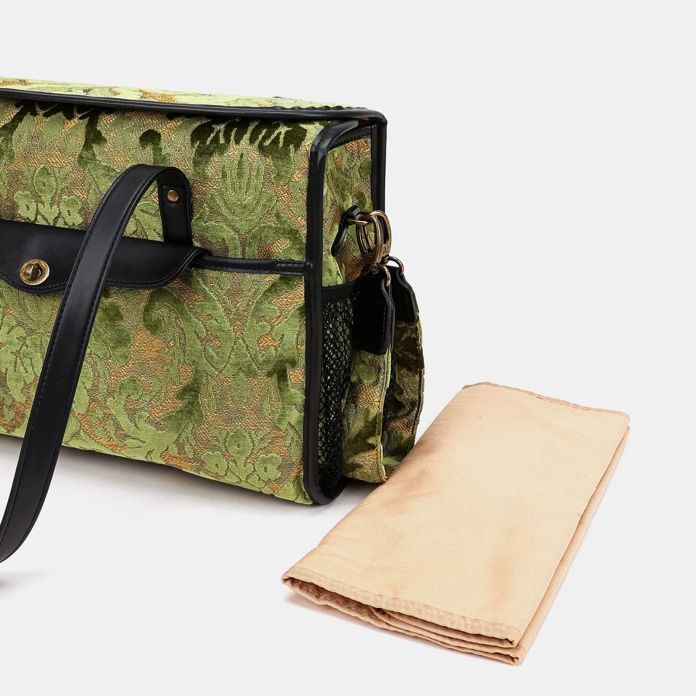 Burnout Velvet Fern Green Vintage Carpet Diaper Bag of America changing mat