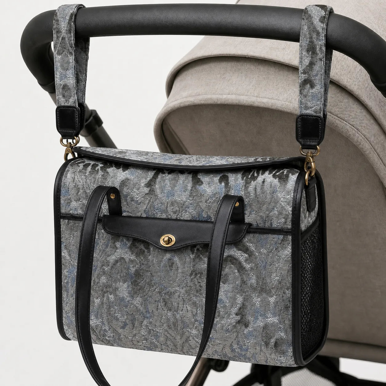 Burnout Velvet Steel Blue Vintage Carpet Diaper Bag of America hang