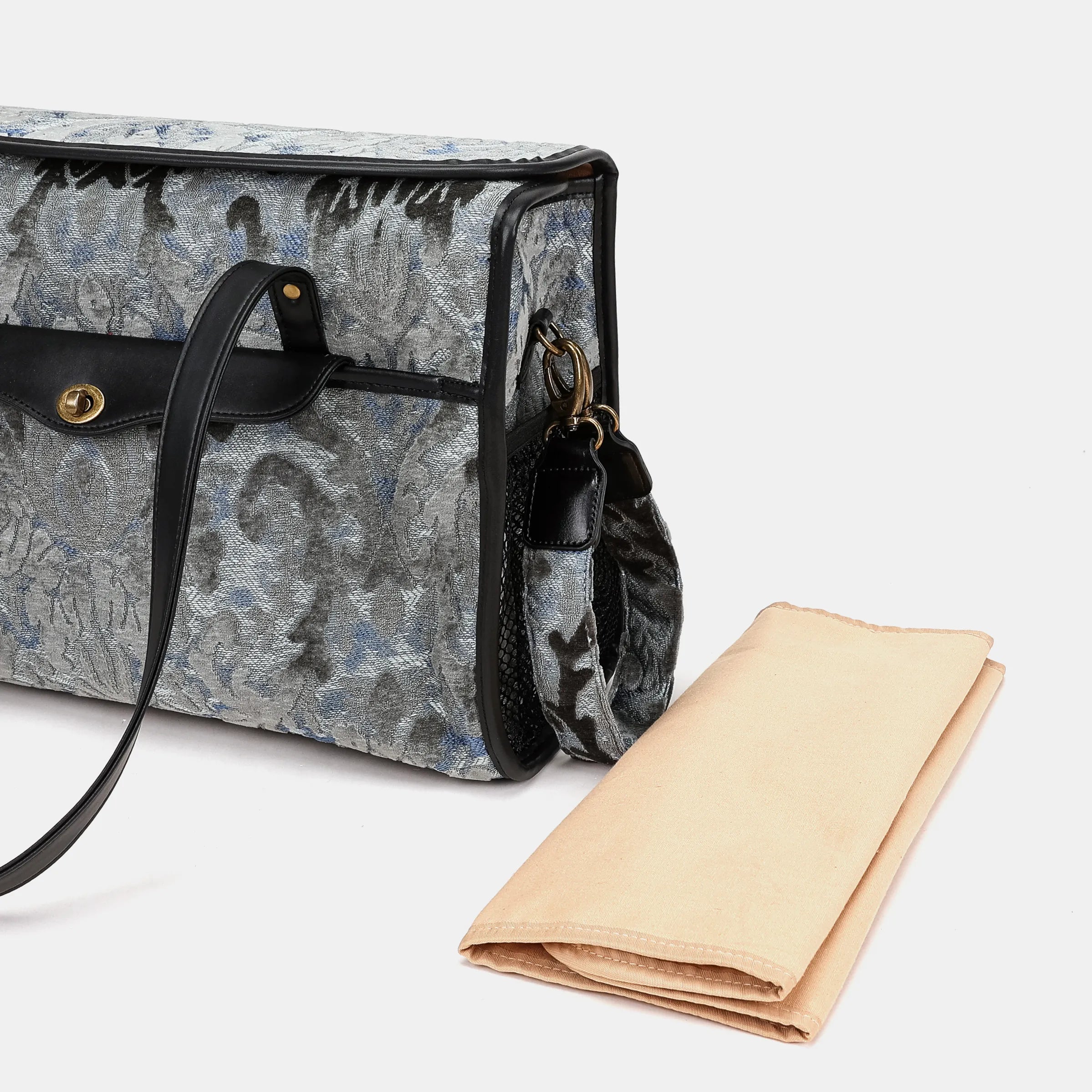 Burnout Velvet Steel Blue Vintage Carpet Diaper Bag of America changing mat