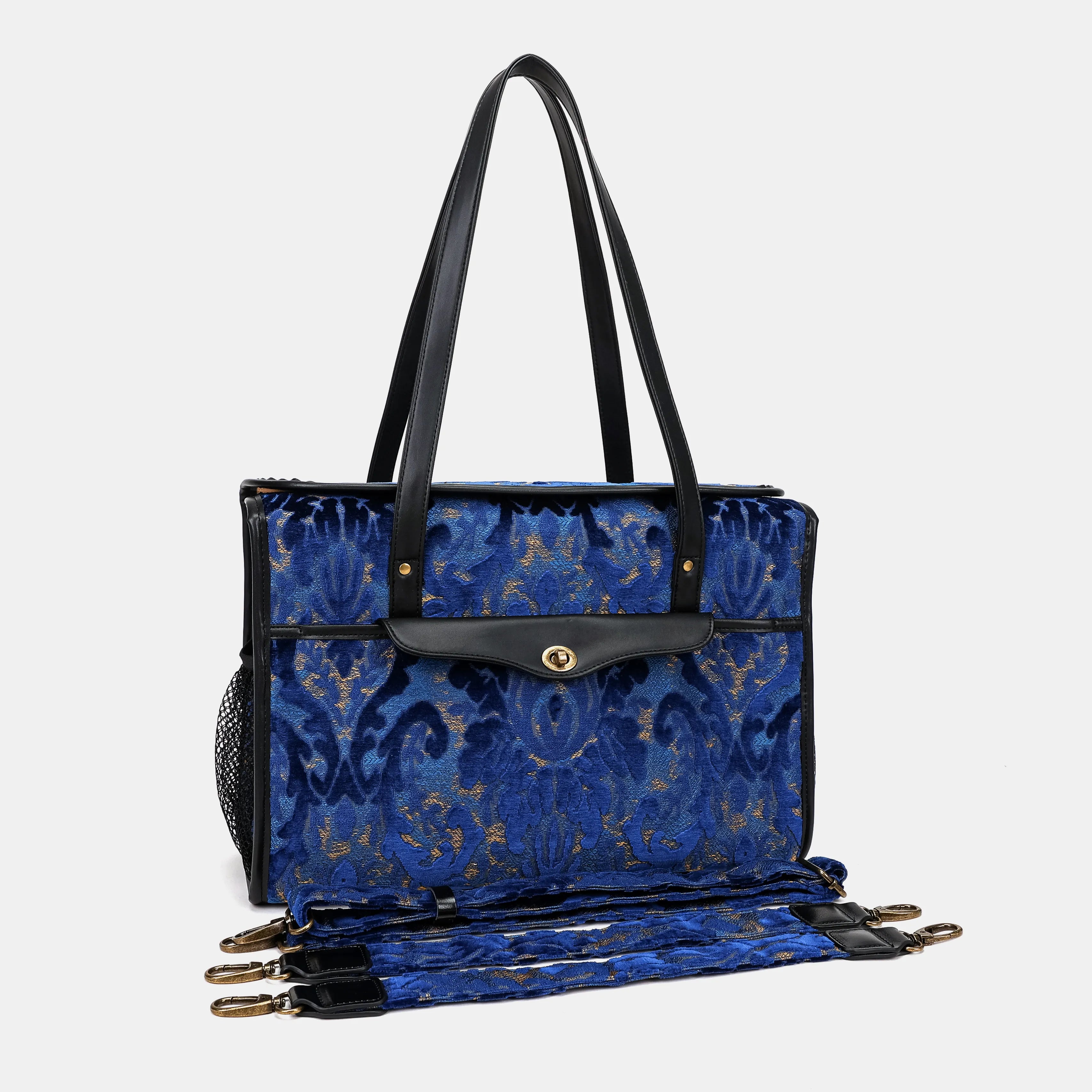 Burnout Velvet Navy Vintage Carpet Diaper Bag Carpetbag of America with straps