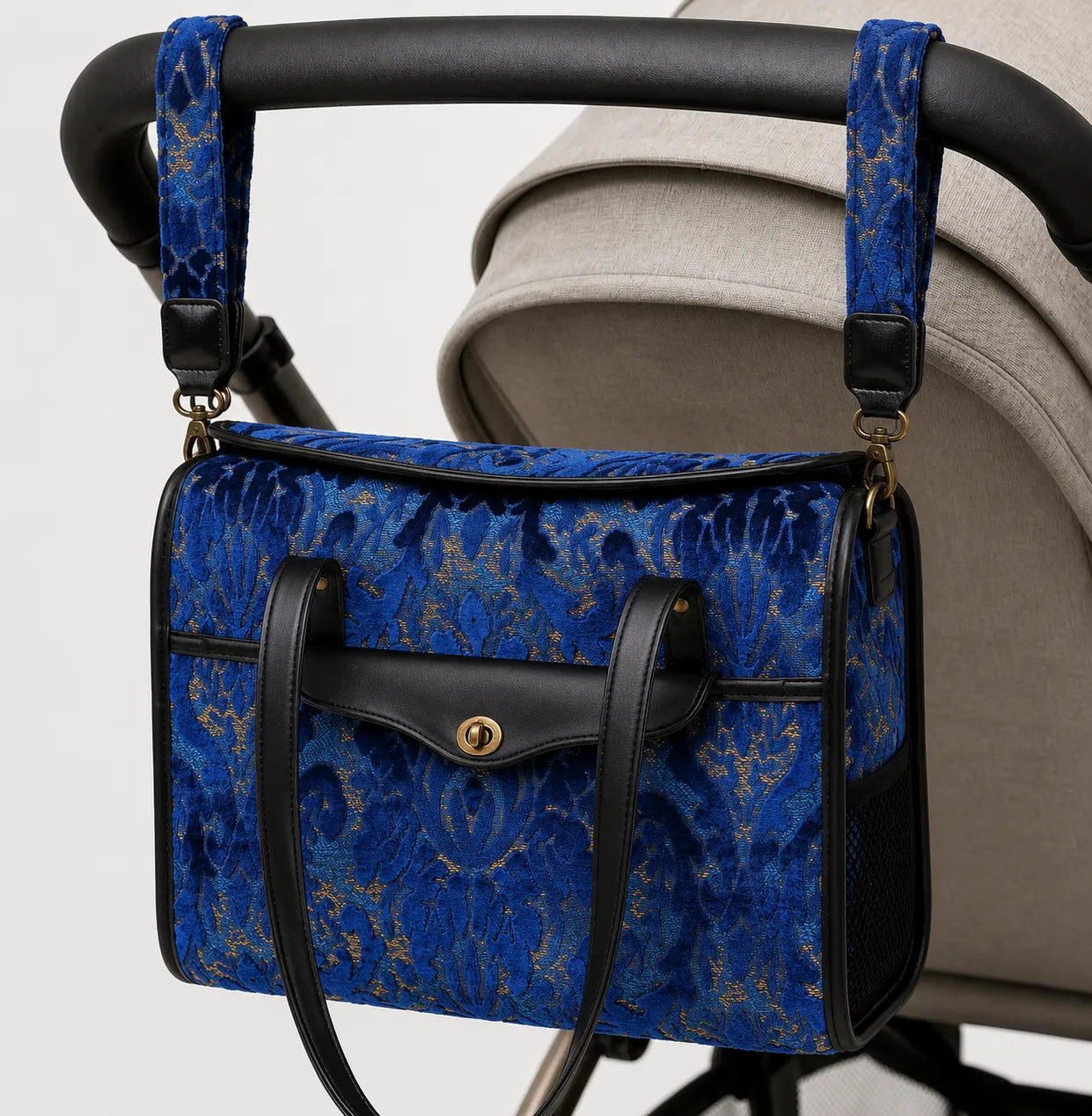 Burnout Velvet Navy Vintage Carpet Diaper Bag Carpetbag of America hang