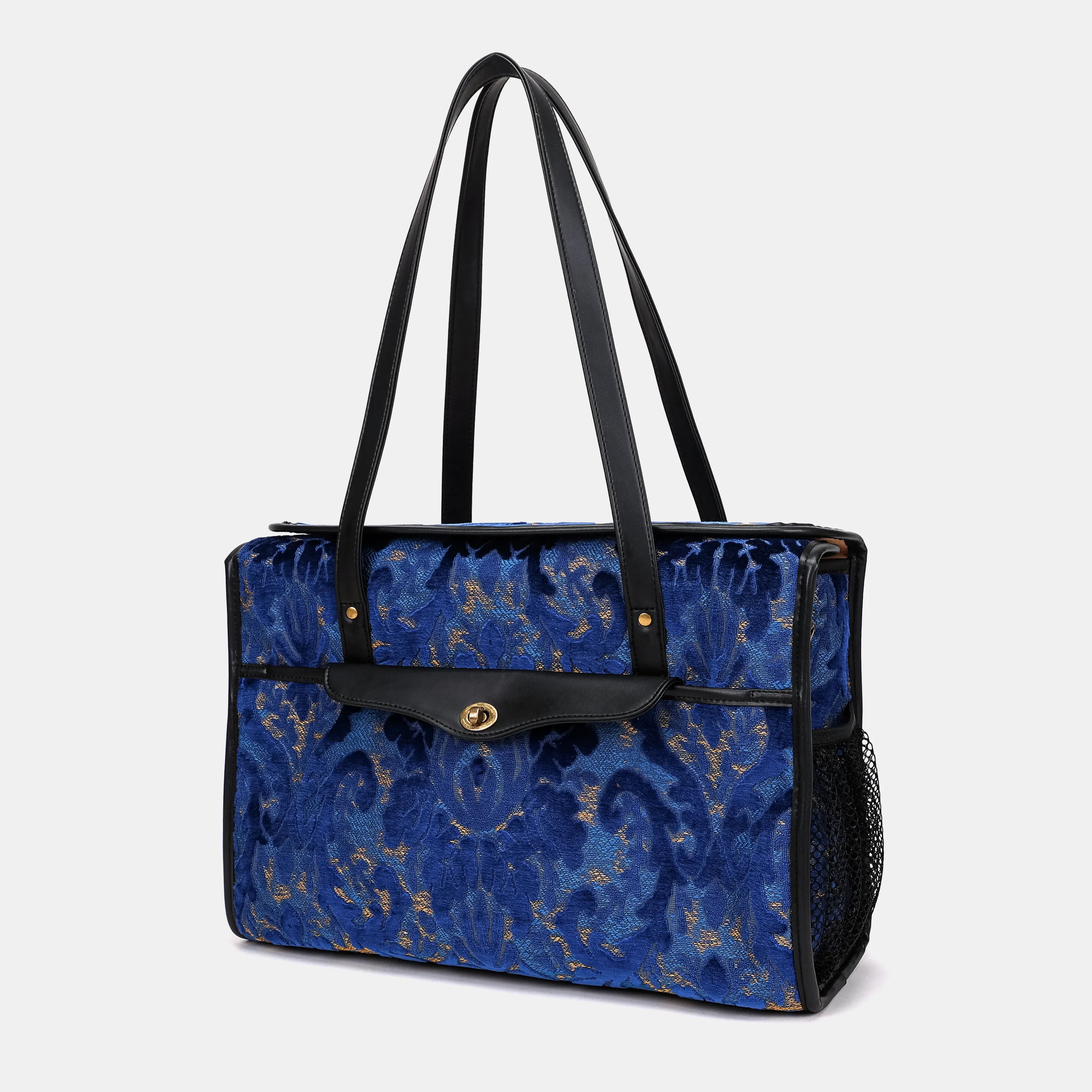 Burnout Velvet Navy Vintage Carpet Diaper Bag Carpetbag of America front side