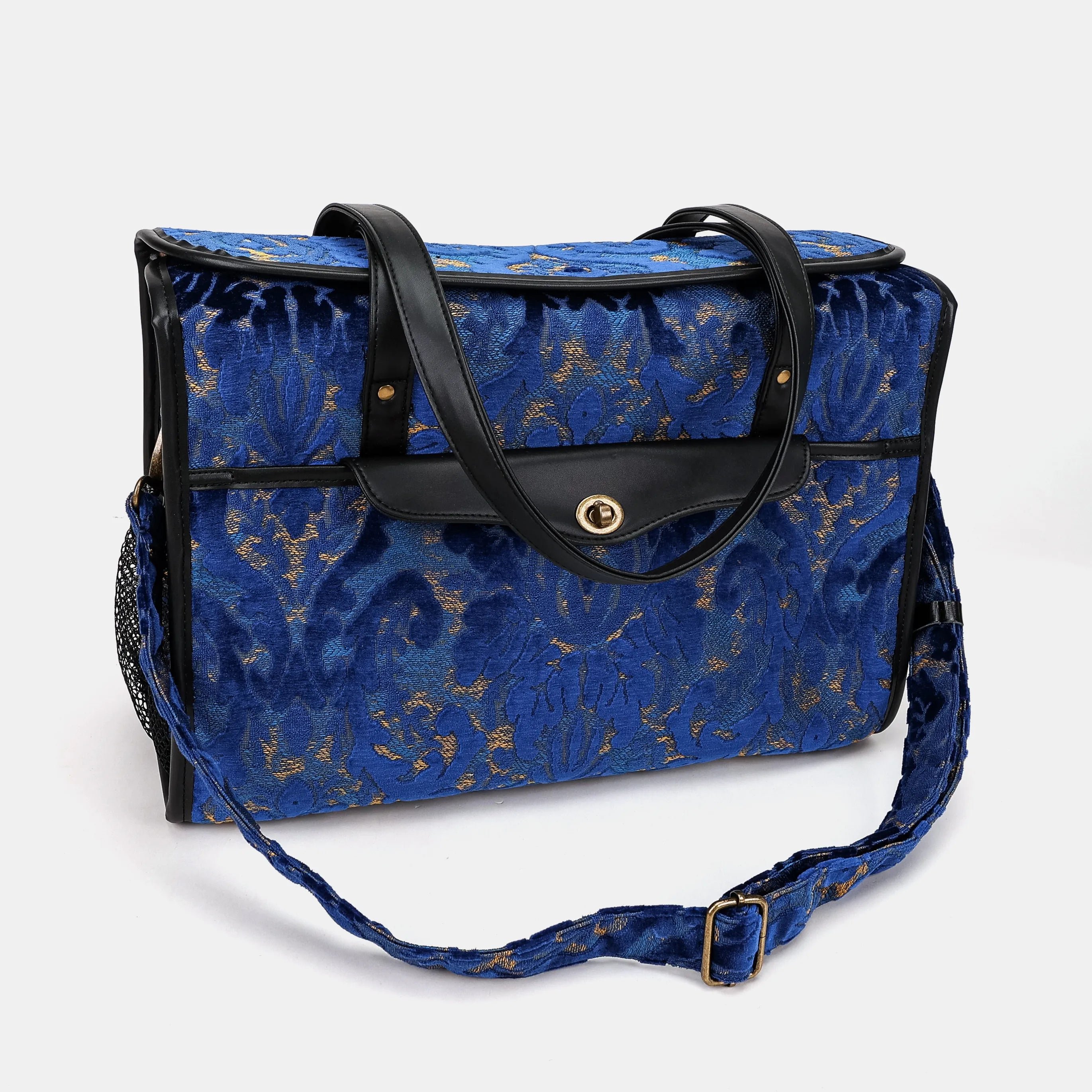 Burnout Velvet Navy Vintage Carpet Diaper Bag Carpetbag of America with shoulder strap