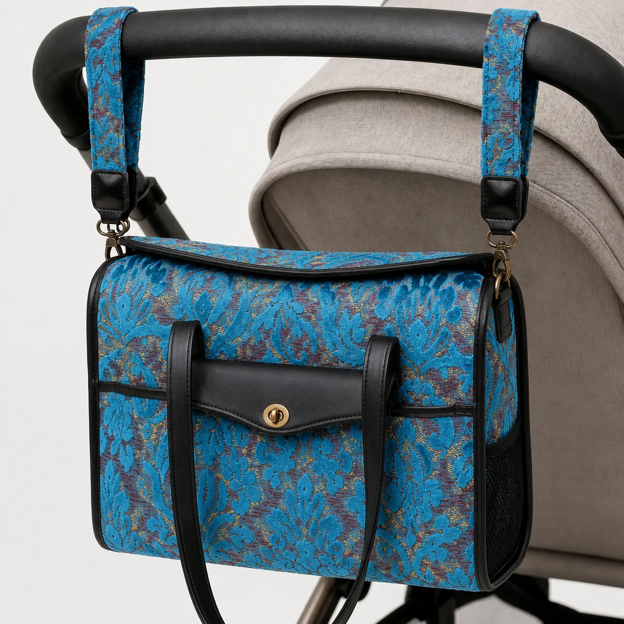 Burnout Velvet Aqua Blue Vintage Carpet Diaper Bag of America hang