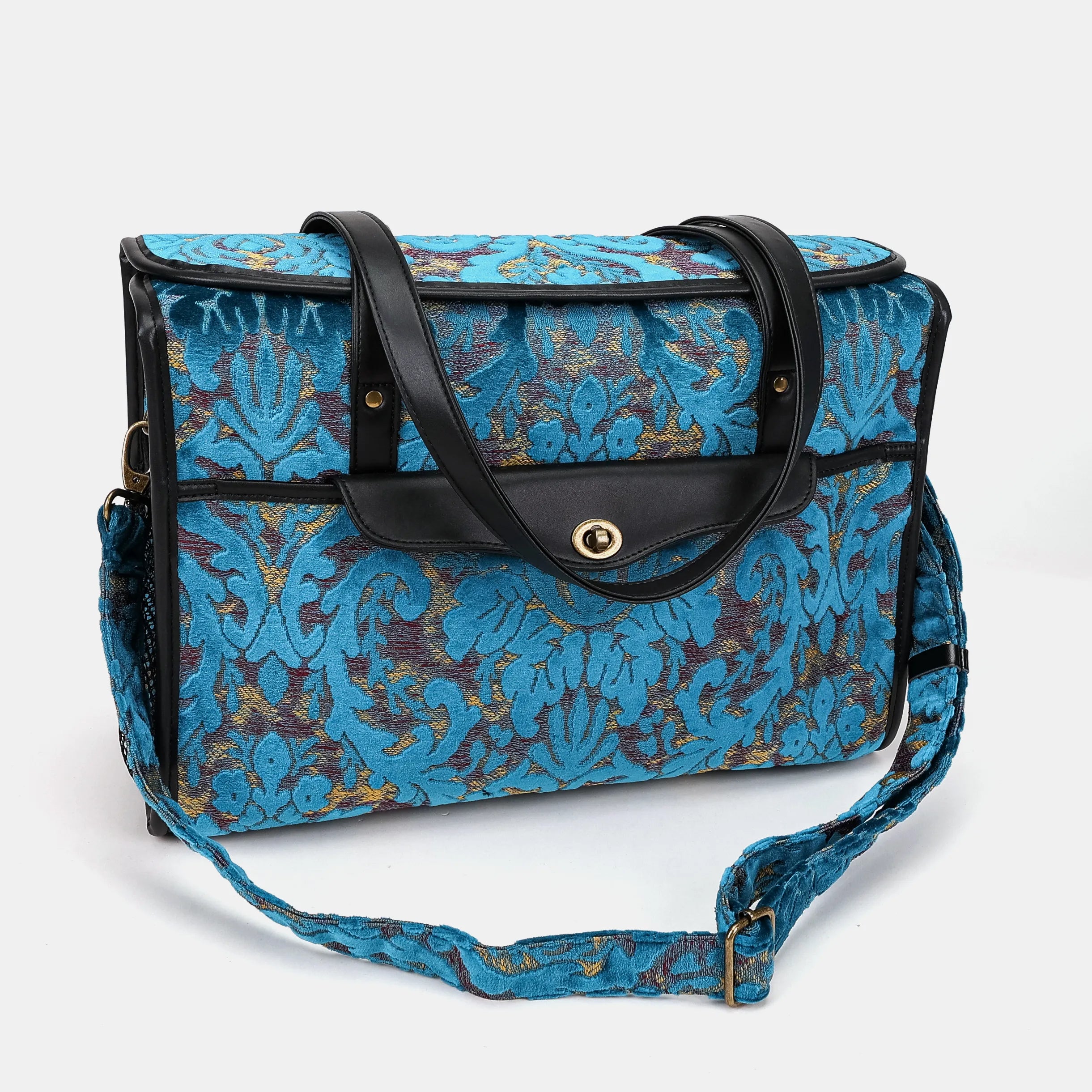 Burnout Velvet Aqua Blue Vintage Carpet Diaper Bag of America with shoulder strap