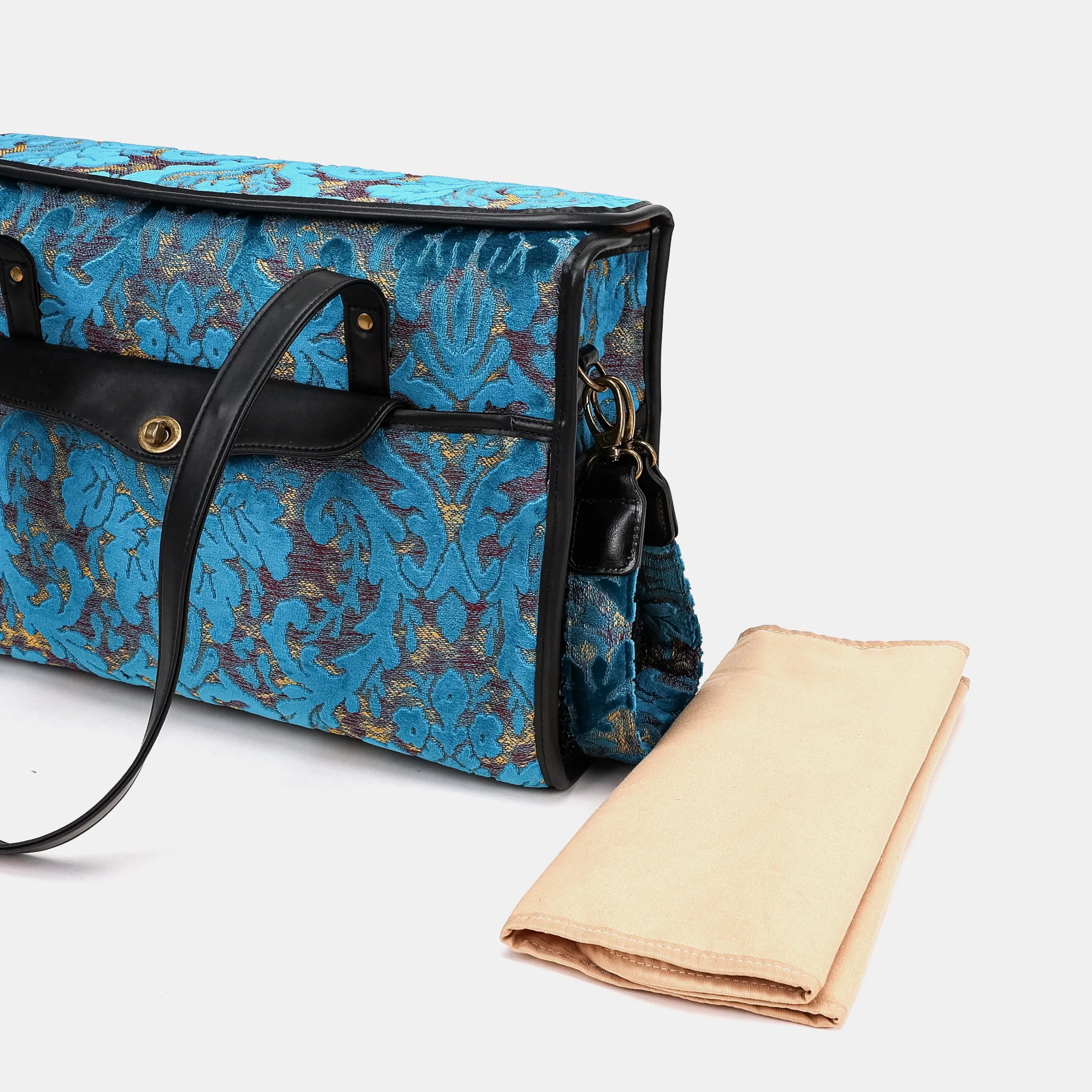 Burnout Velvet Aqua Blue Vintage Carpet Diaper Bag of America changing mat