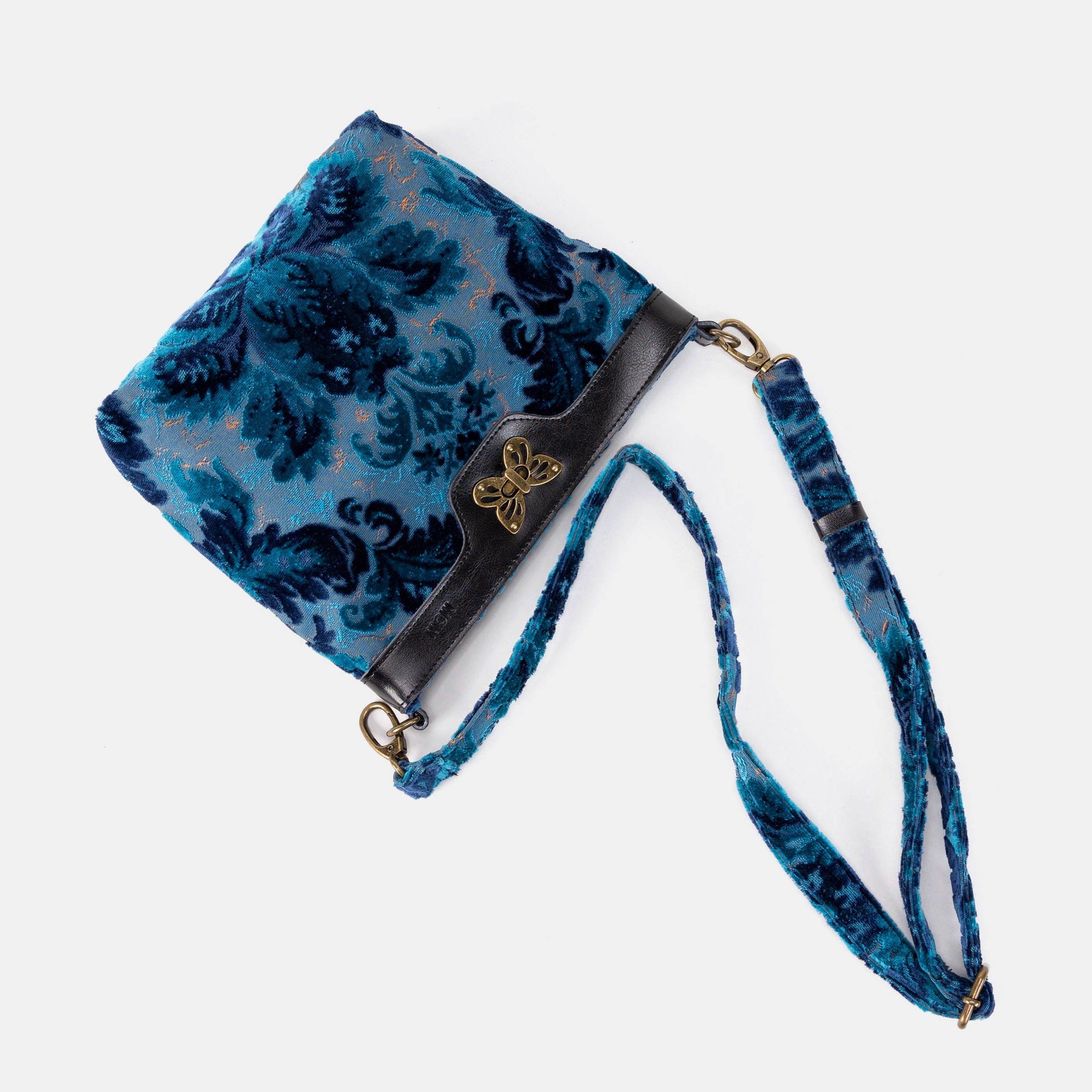 Burnout Velvet Revival Aqua Butterfly Crossbody Bag of America lay flat