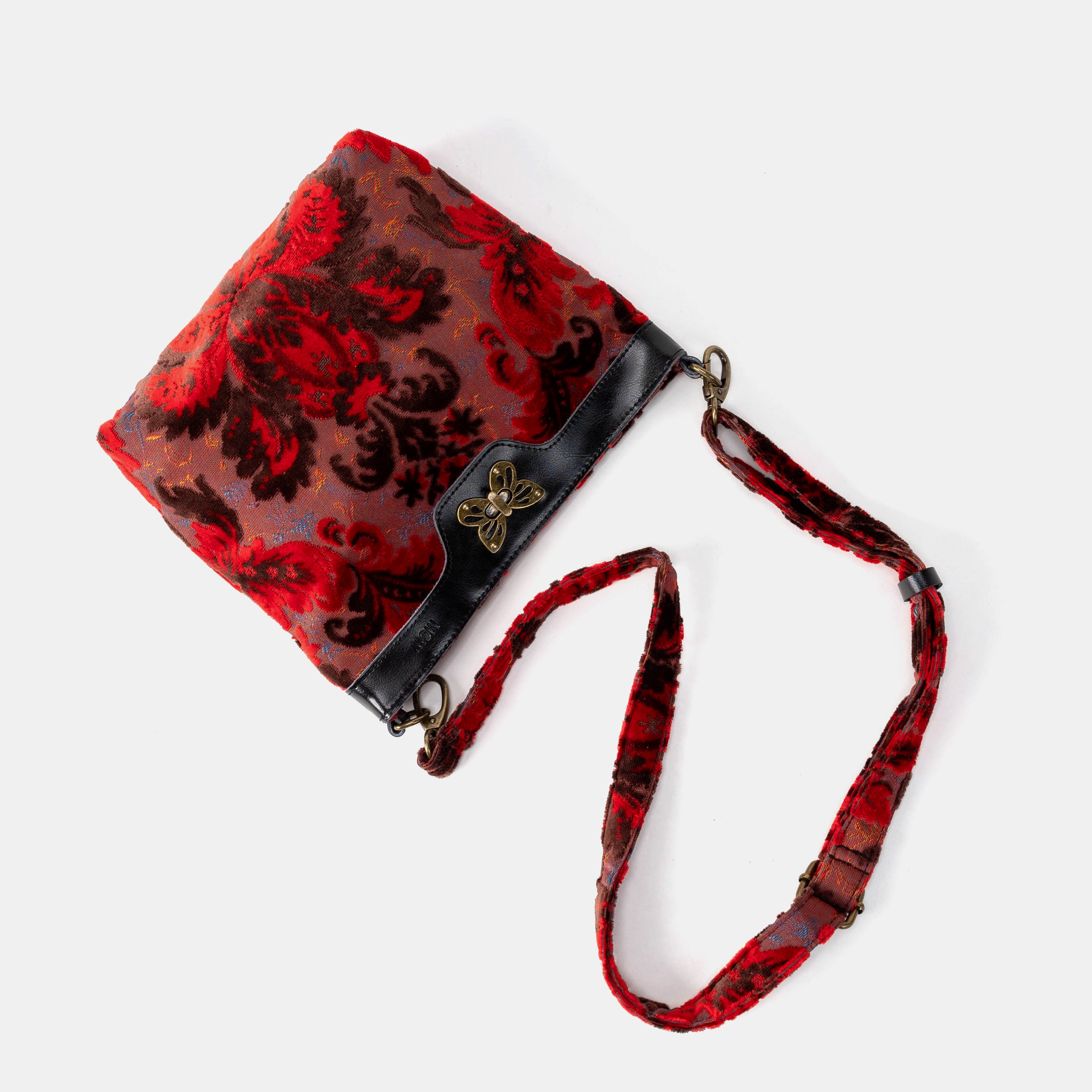 Burnout Velvet Revival Scarlet Butterfly Crossbody Bag with long straps