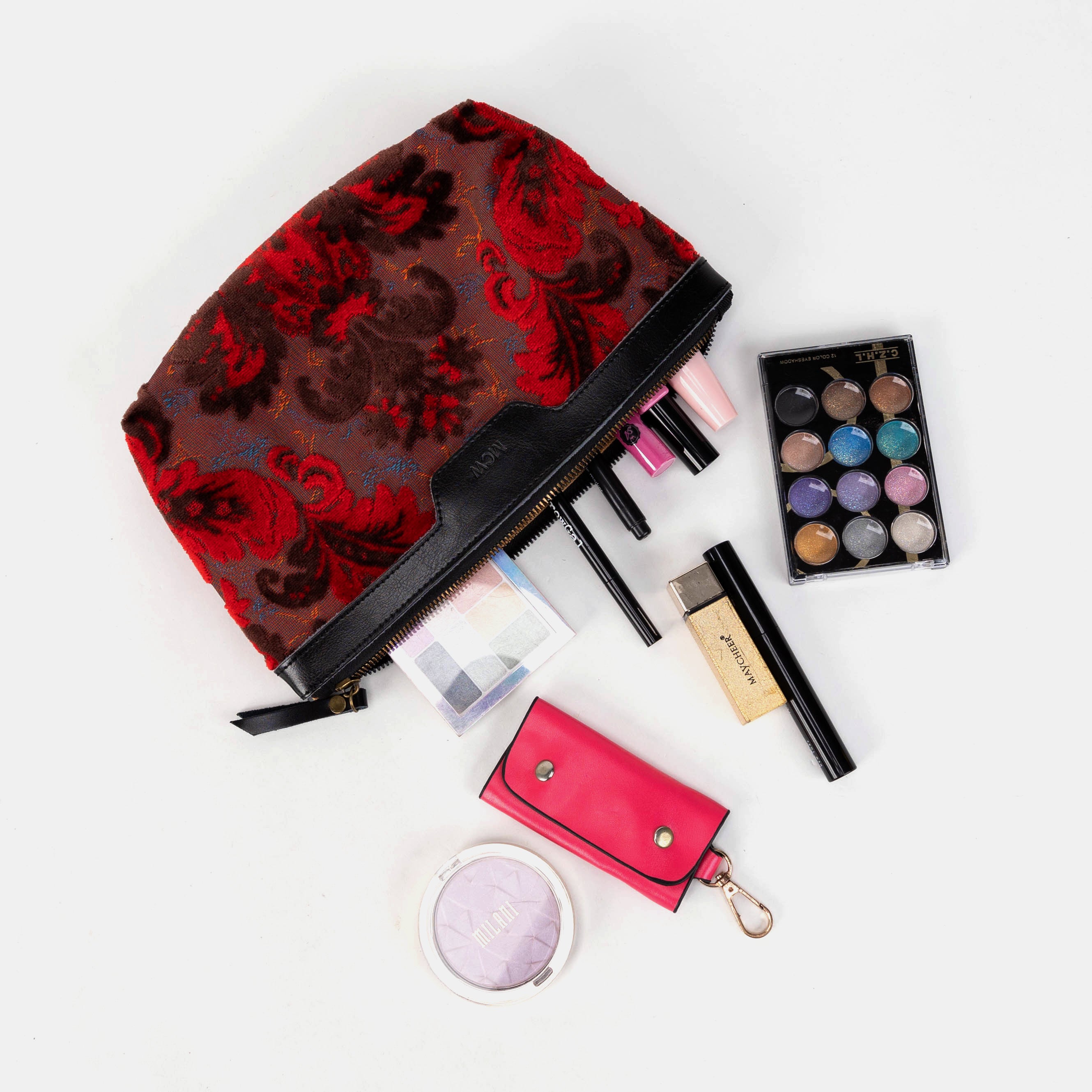 Burnout Velvet Revival Scarlet Carpet Makeup Bag lay flat