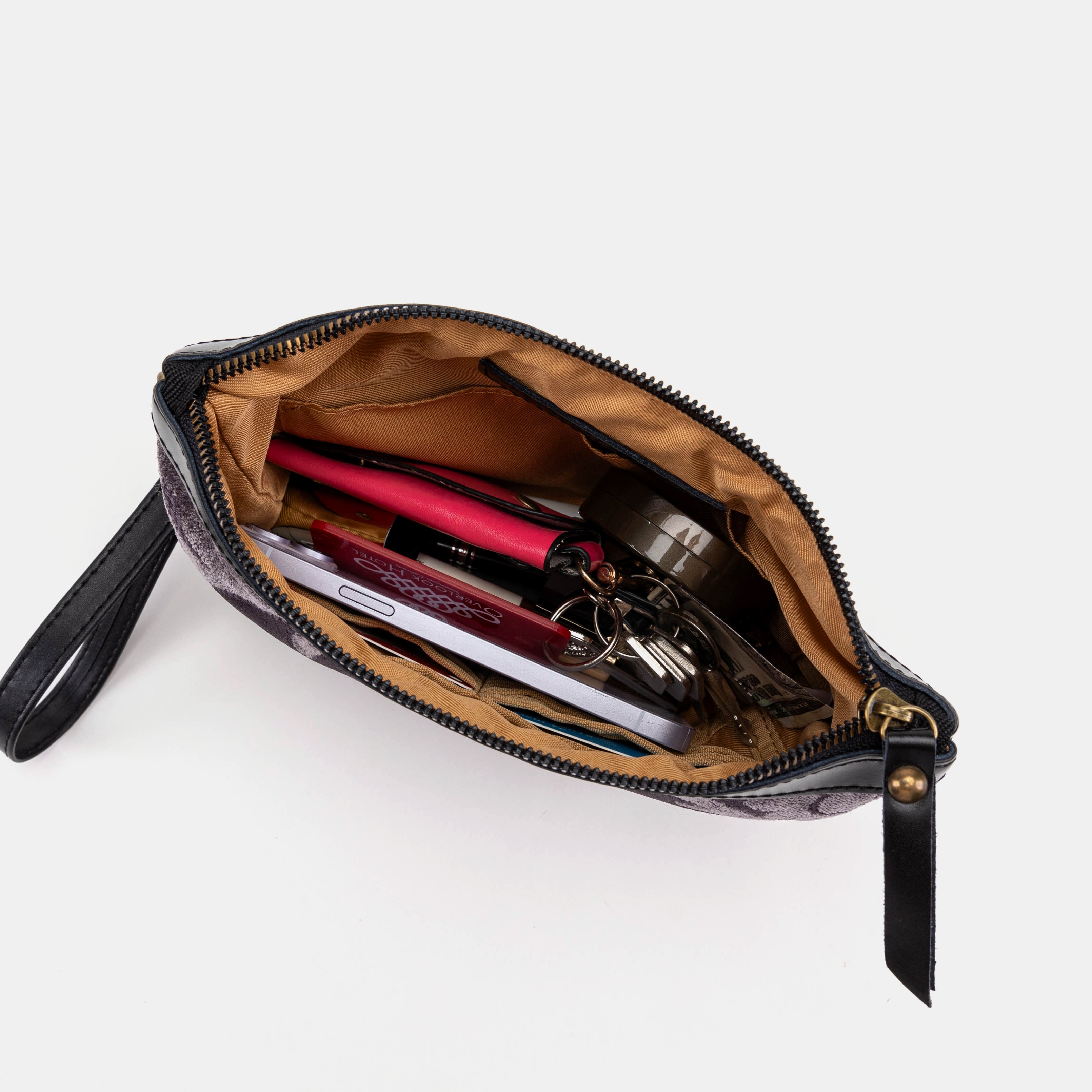 Wristlet Clutch Carpet Bag | Floral Brocade Purple inside
