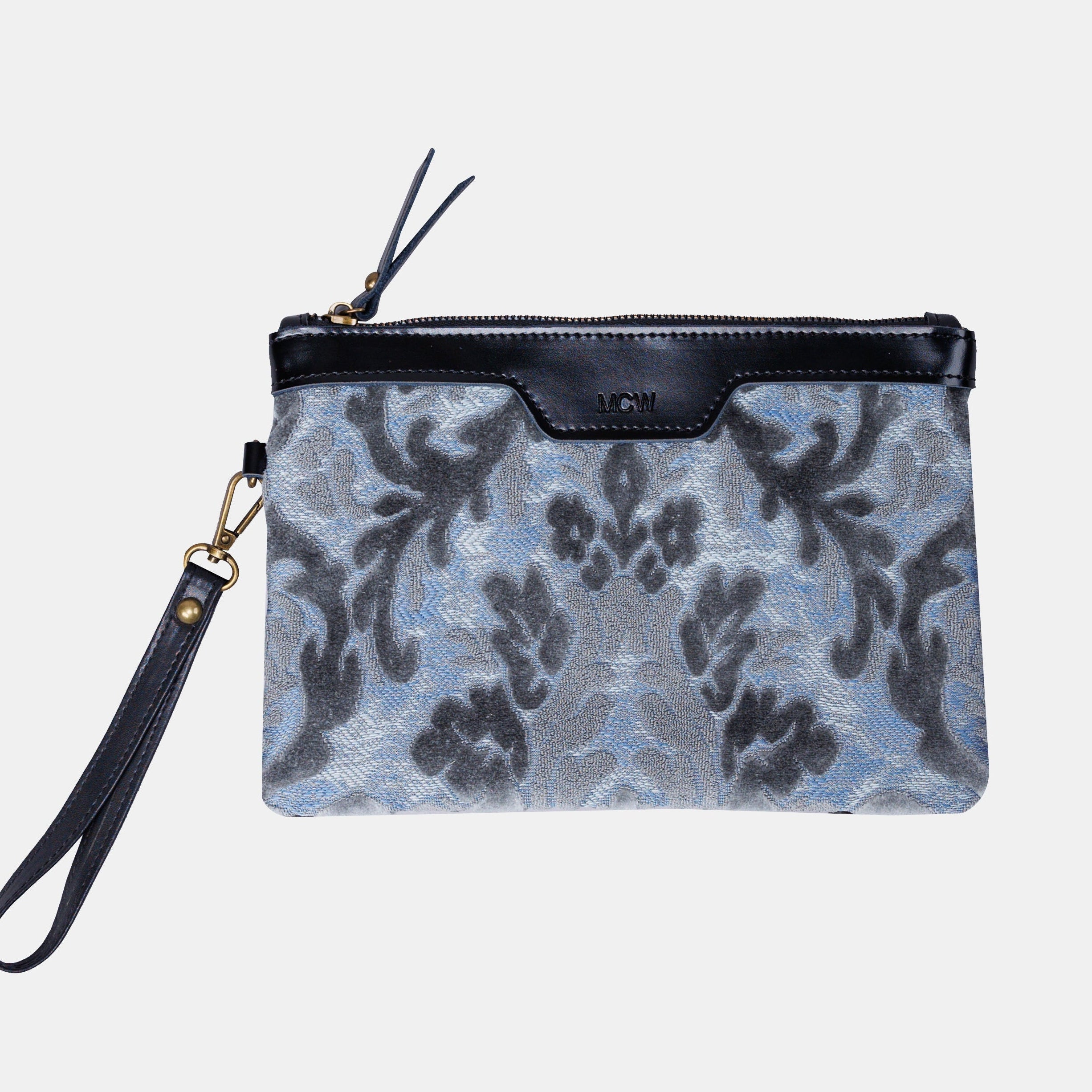 Burnout Velvet Steel Blue Wristlet Clutch carpet bag MCW Handmade