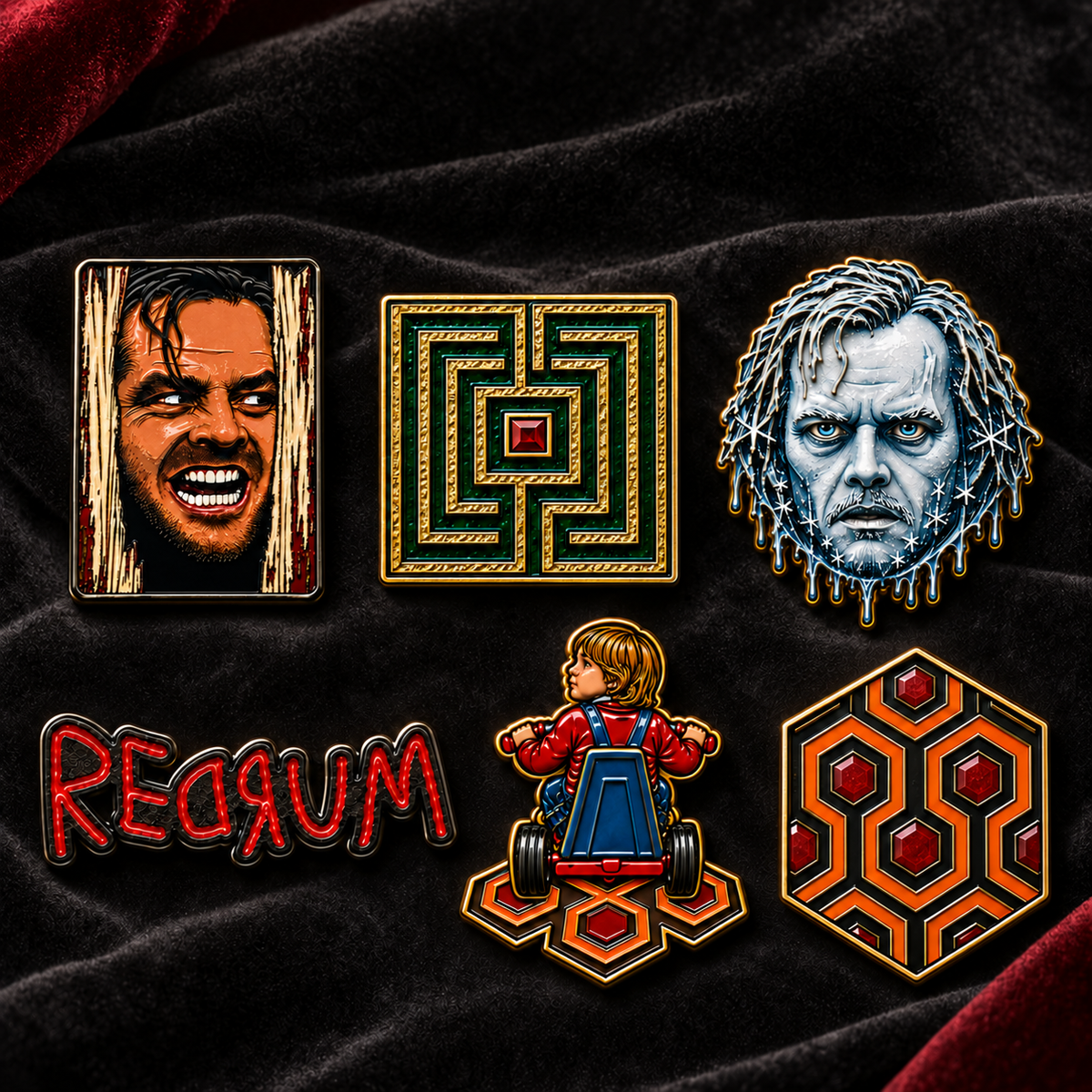 The Shining 6-Piece Enamel Pin & Bag Badge Set on black velvet, they are from MCW CARPETBAGS newly developed line.