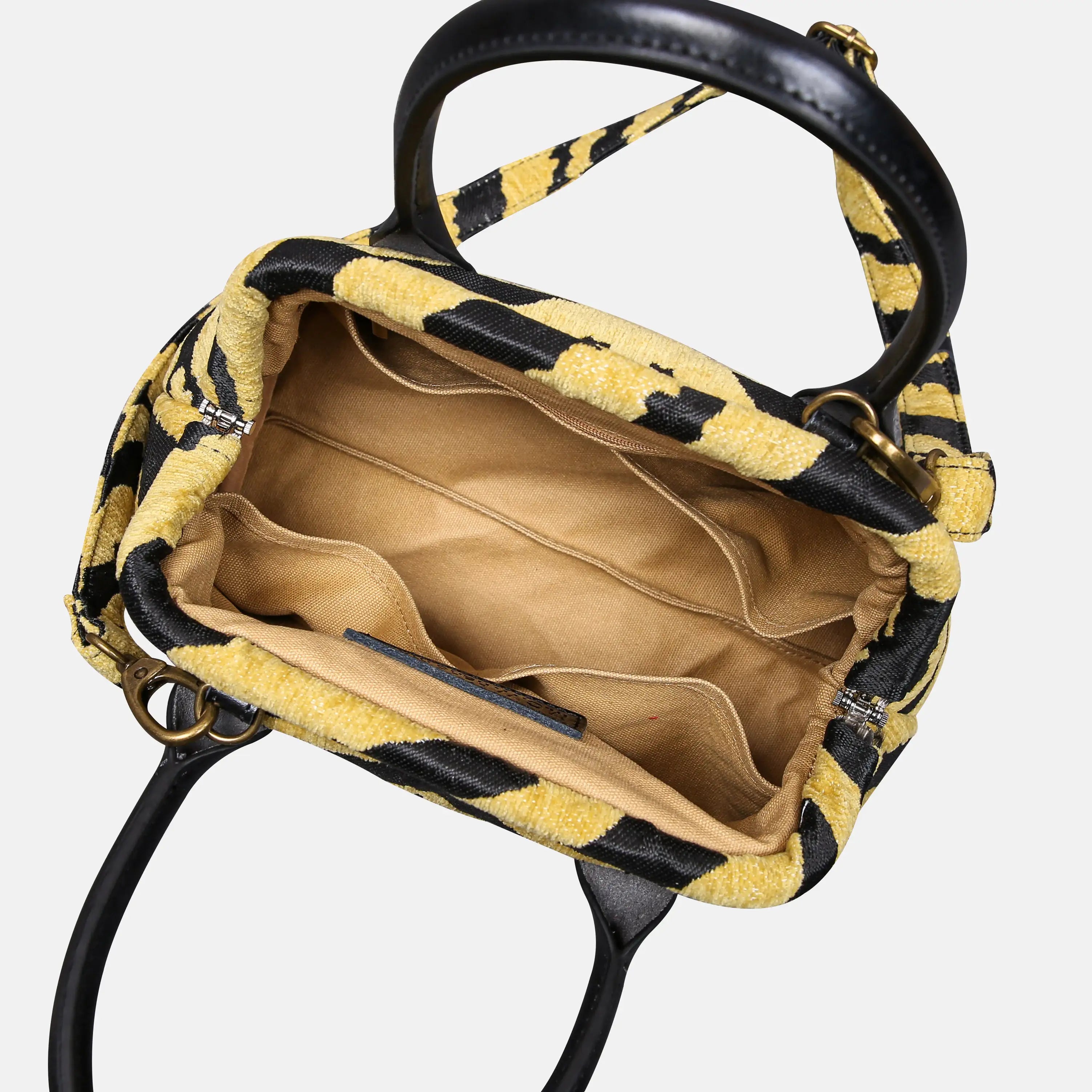 Zebra Daffodil Carpet Satchel carpet bag MCW Handmade of America open