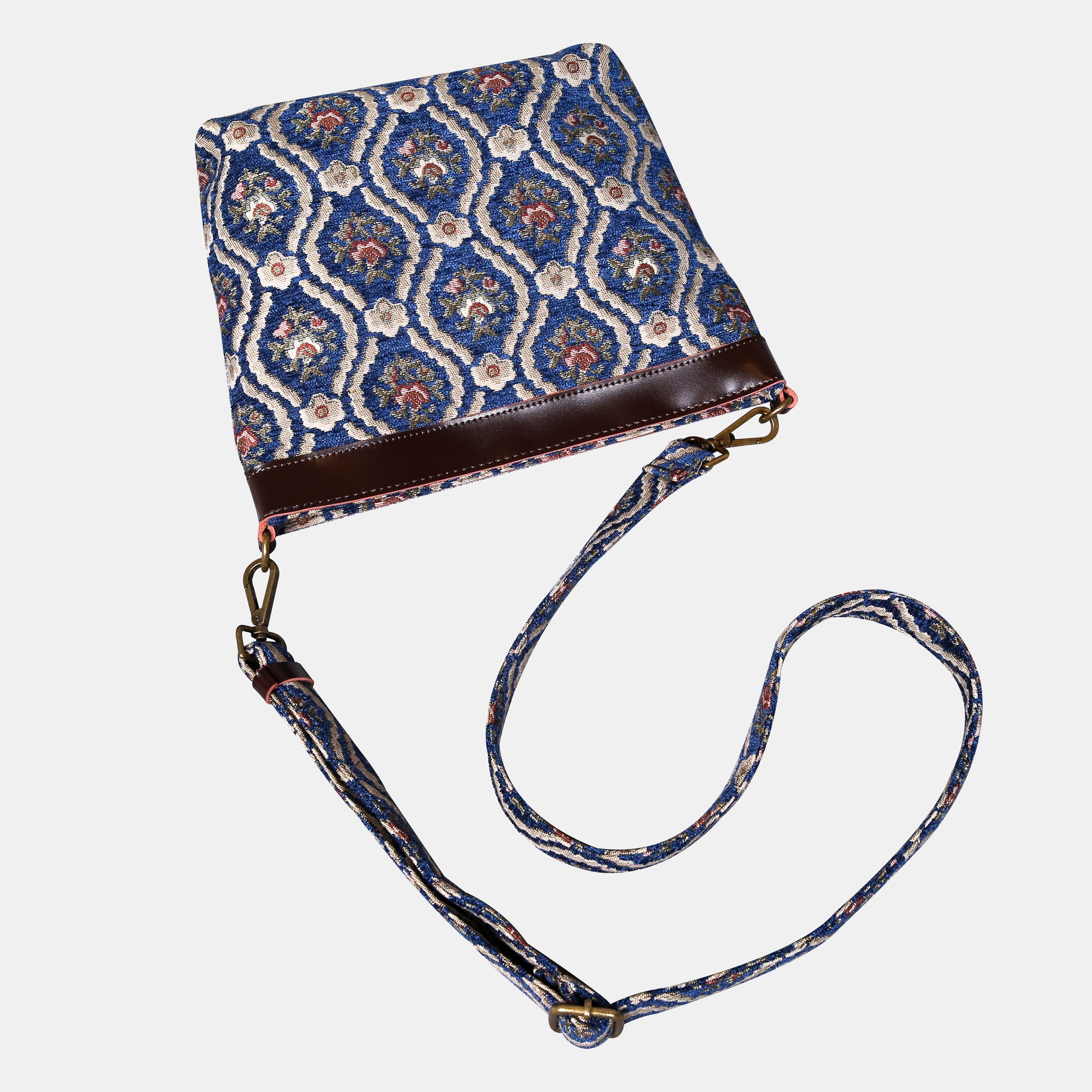 Traditional Blue Carpet Crossbody Bag carpet bag MCW Handmade of America lay flat