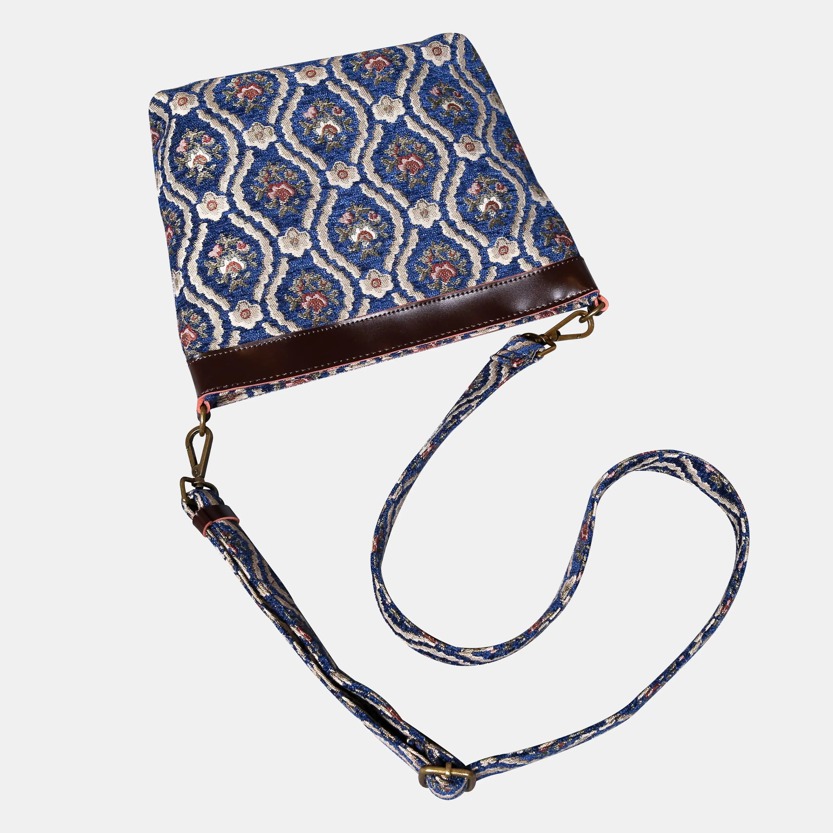 Traditional Blue Carpet Crossbody Bag carpet bag MCW Handmade of America lay flat