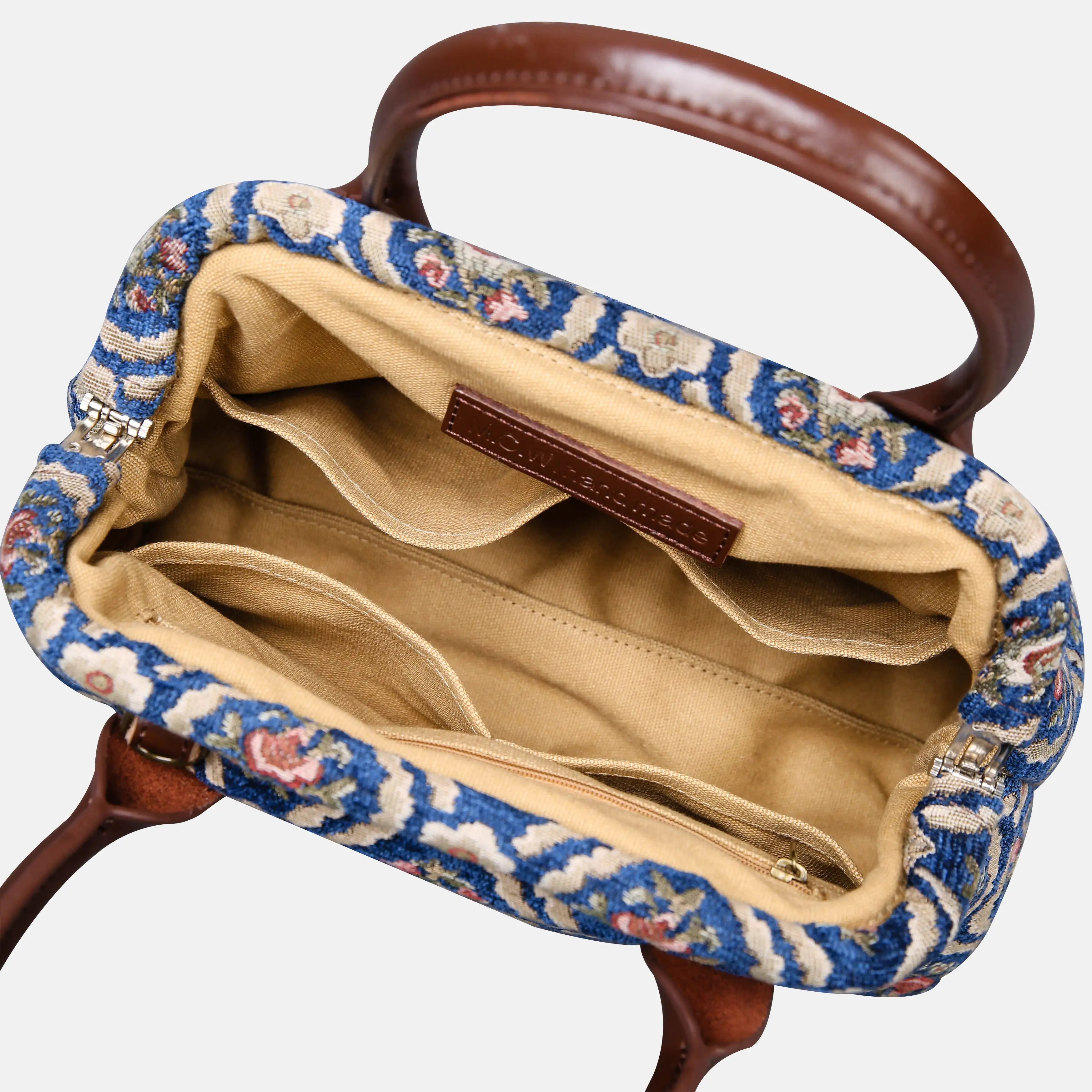 Traditional Blue Carpet Satchel carpet bag MCW Handmade of America open