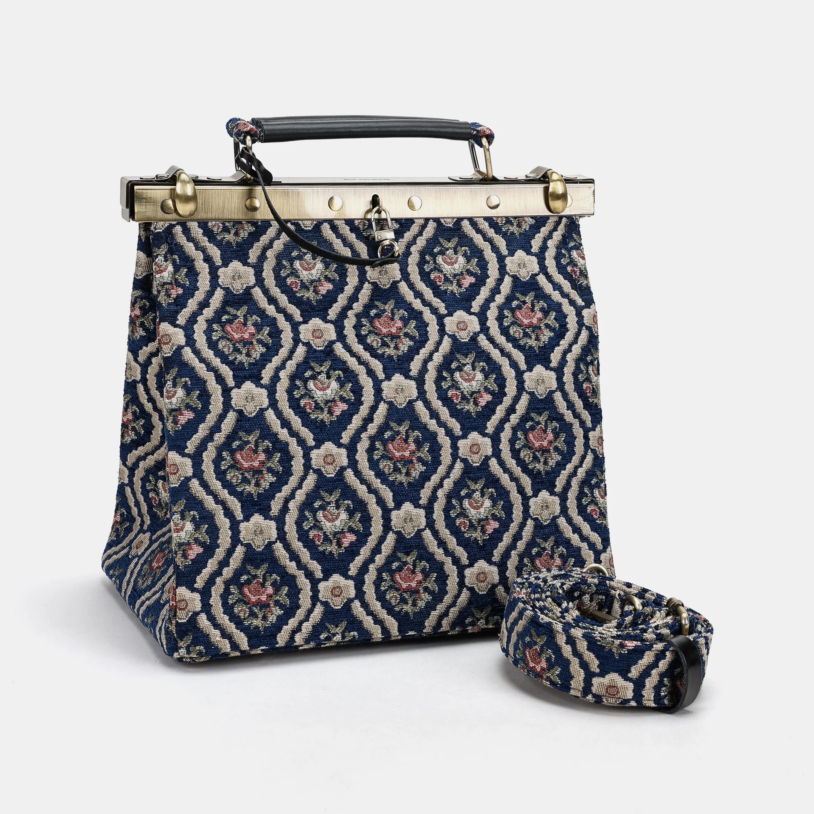 Traditional Blue Cecile Carpet Purse Gladstone Bag of America with shoulder strap