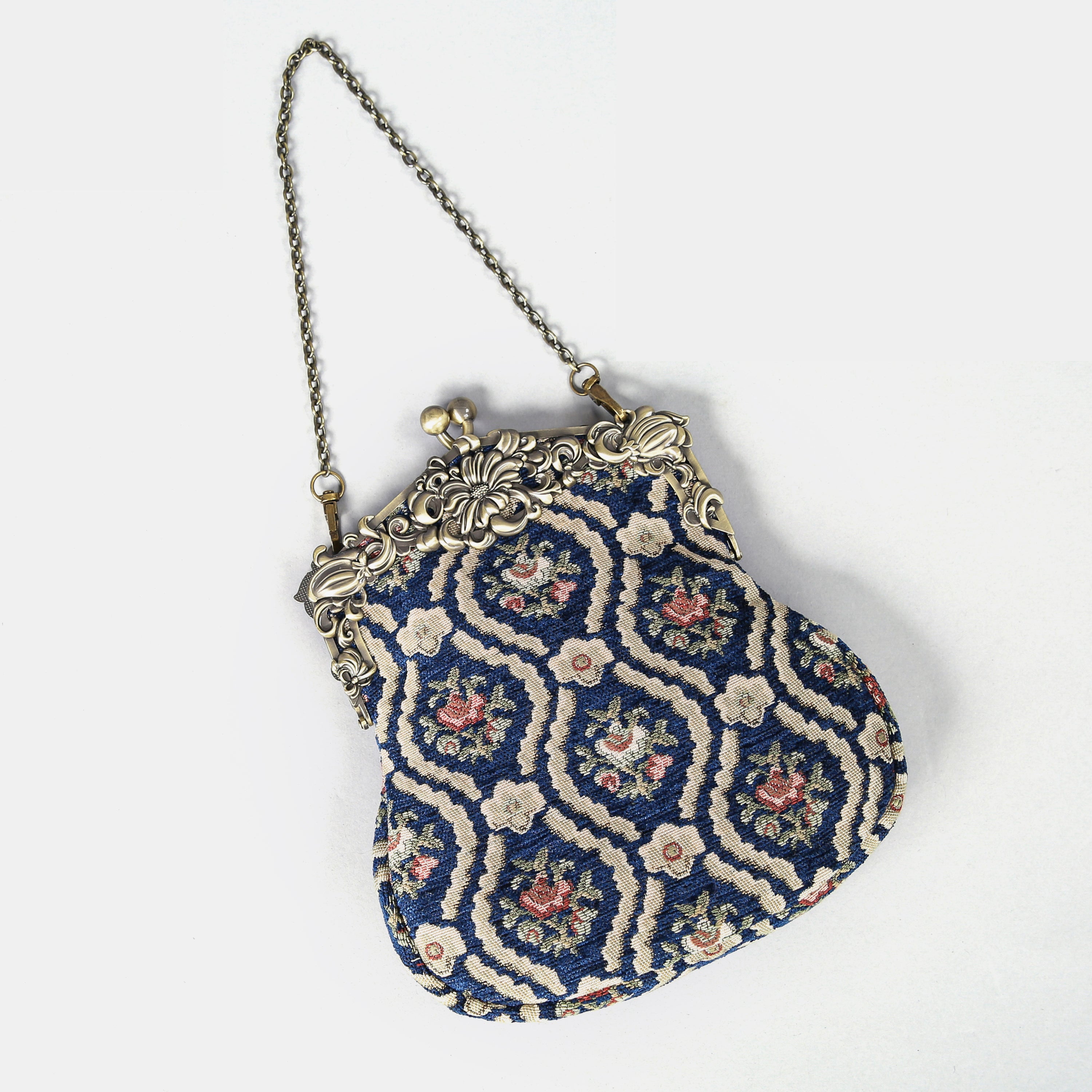 Traditional Blue Chatelaine Purse Large carpet bag of America lay flat