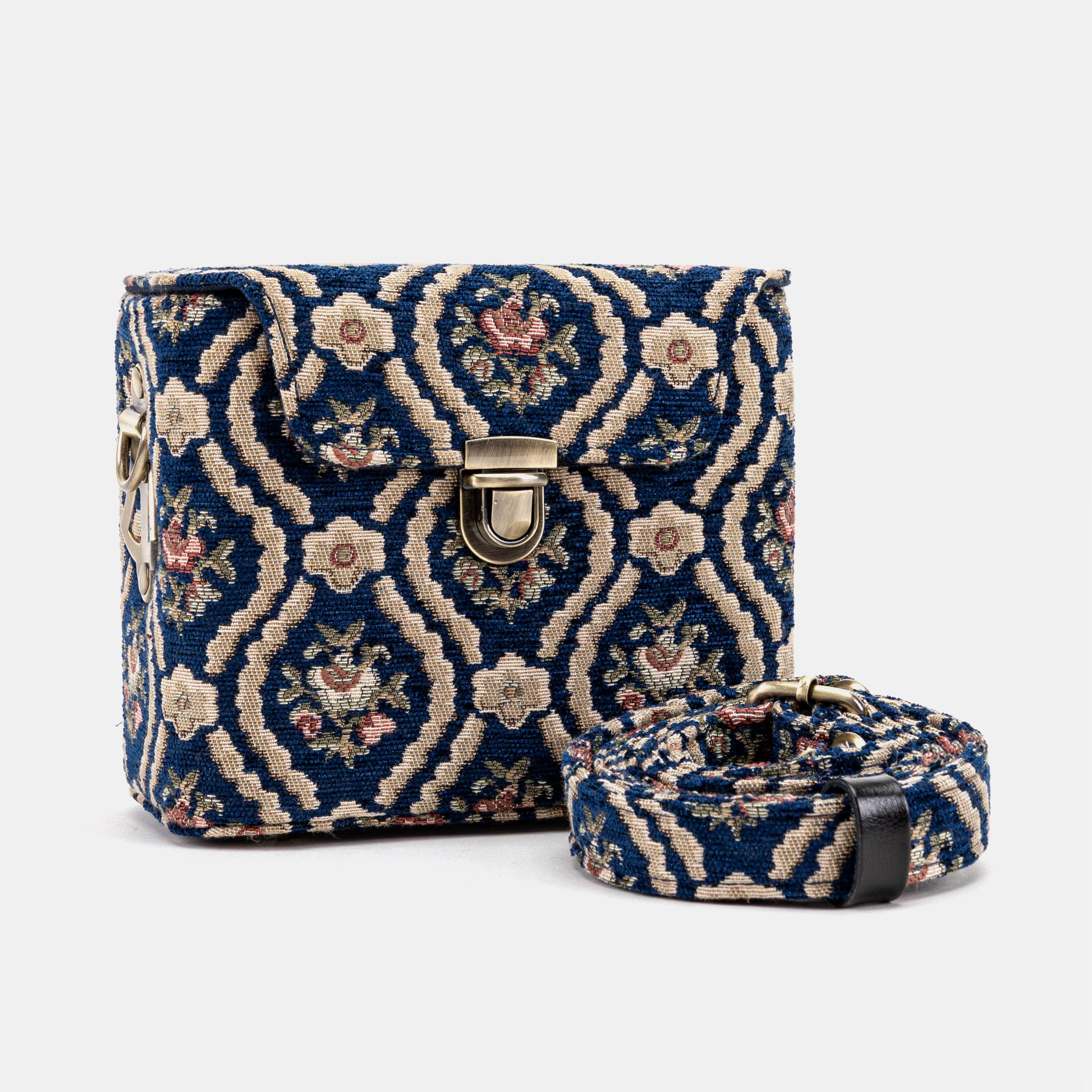Traditional Blue Emma Small Train Case Crossbody of America with shoulder strap