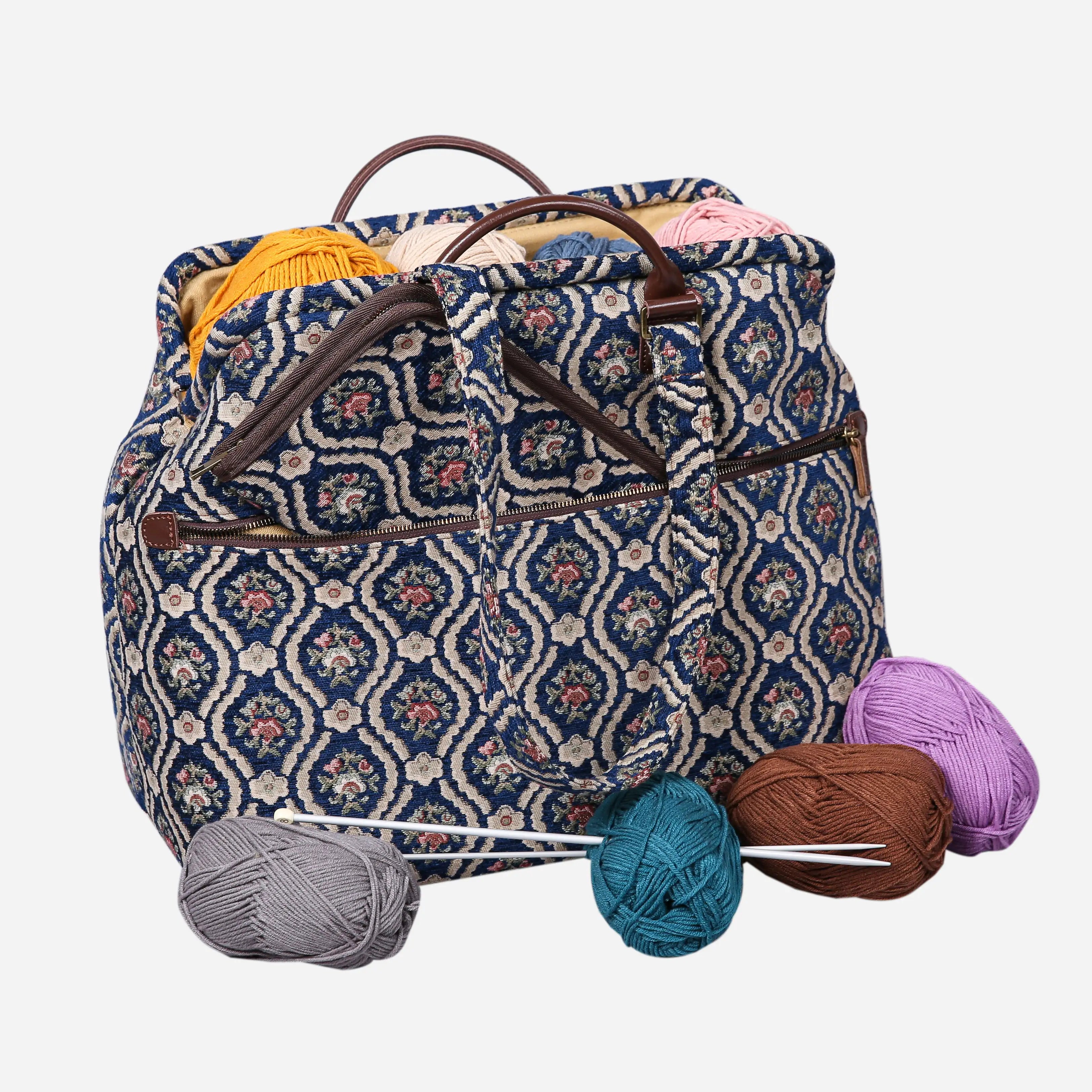 Traditional Blue Knitting Project Bag  of America-with yarn ball