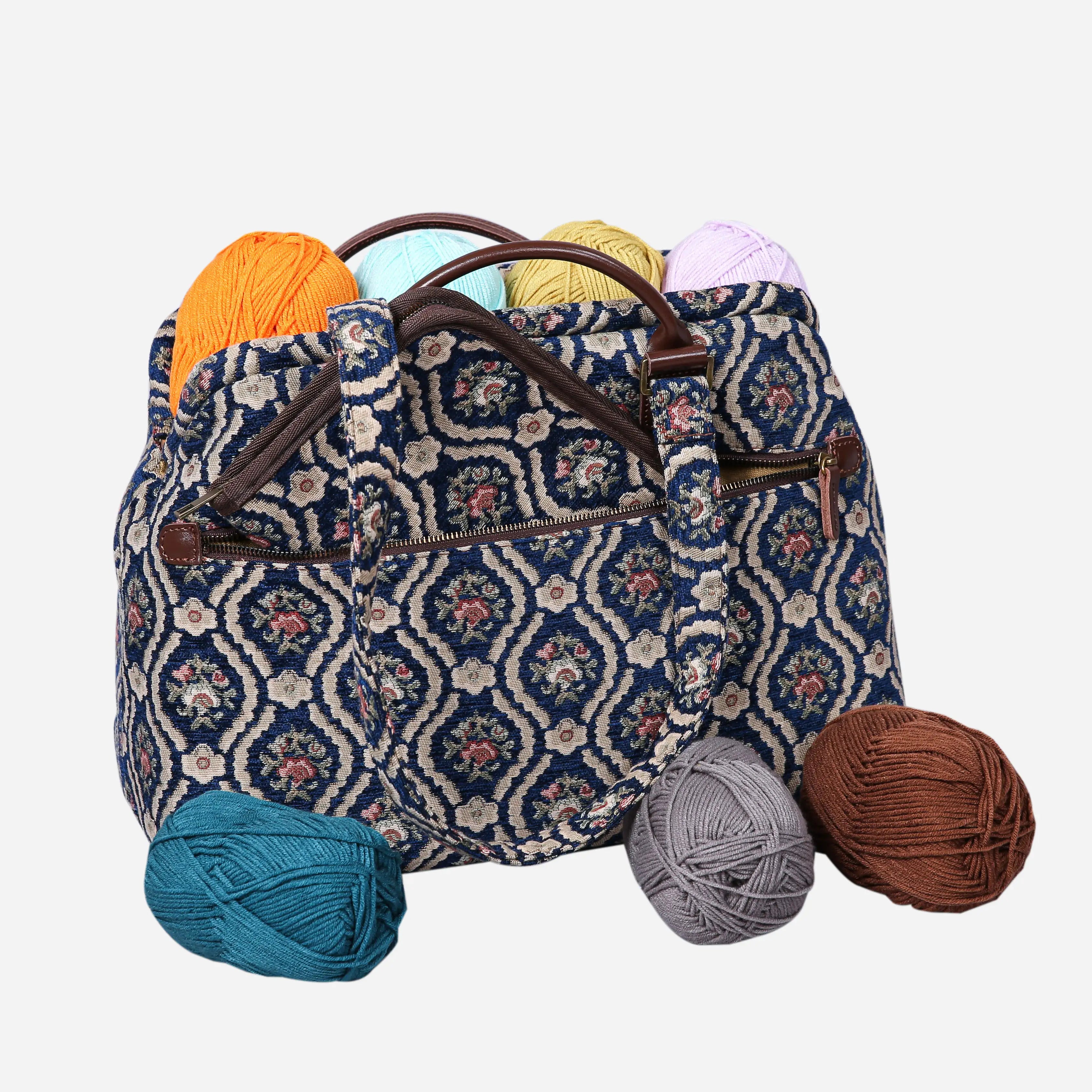 Traditional Blue Knitting Project Bag  of America-with yarn ball
