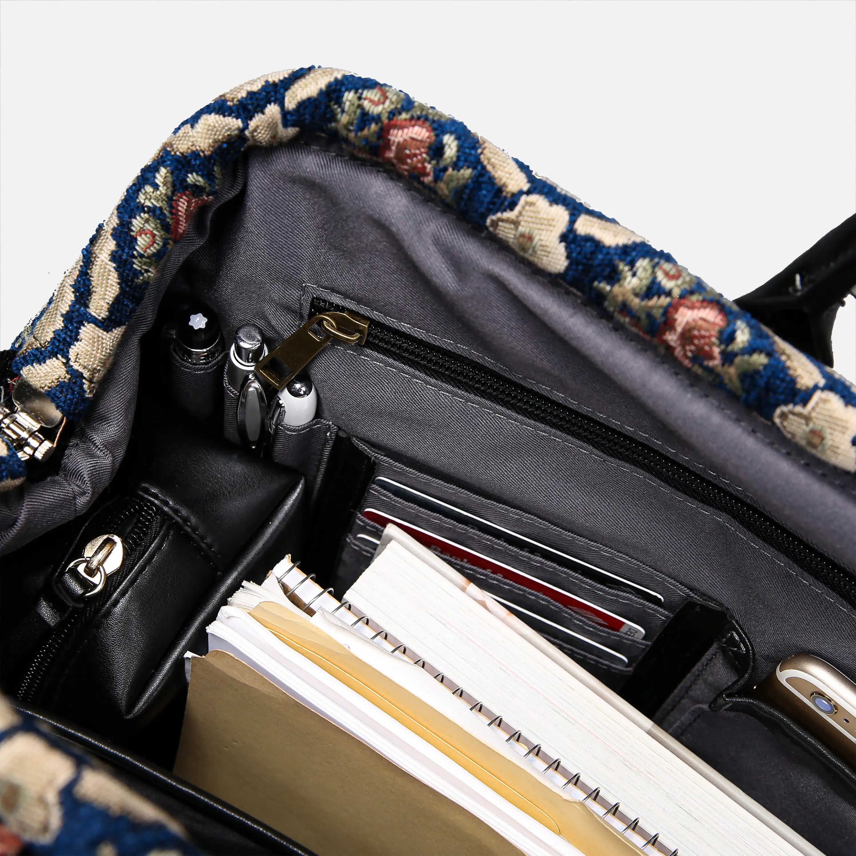 Traditional Blue Laptop Work Bag carpet bag of America inside details