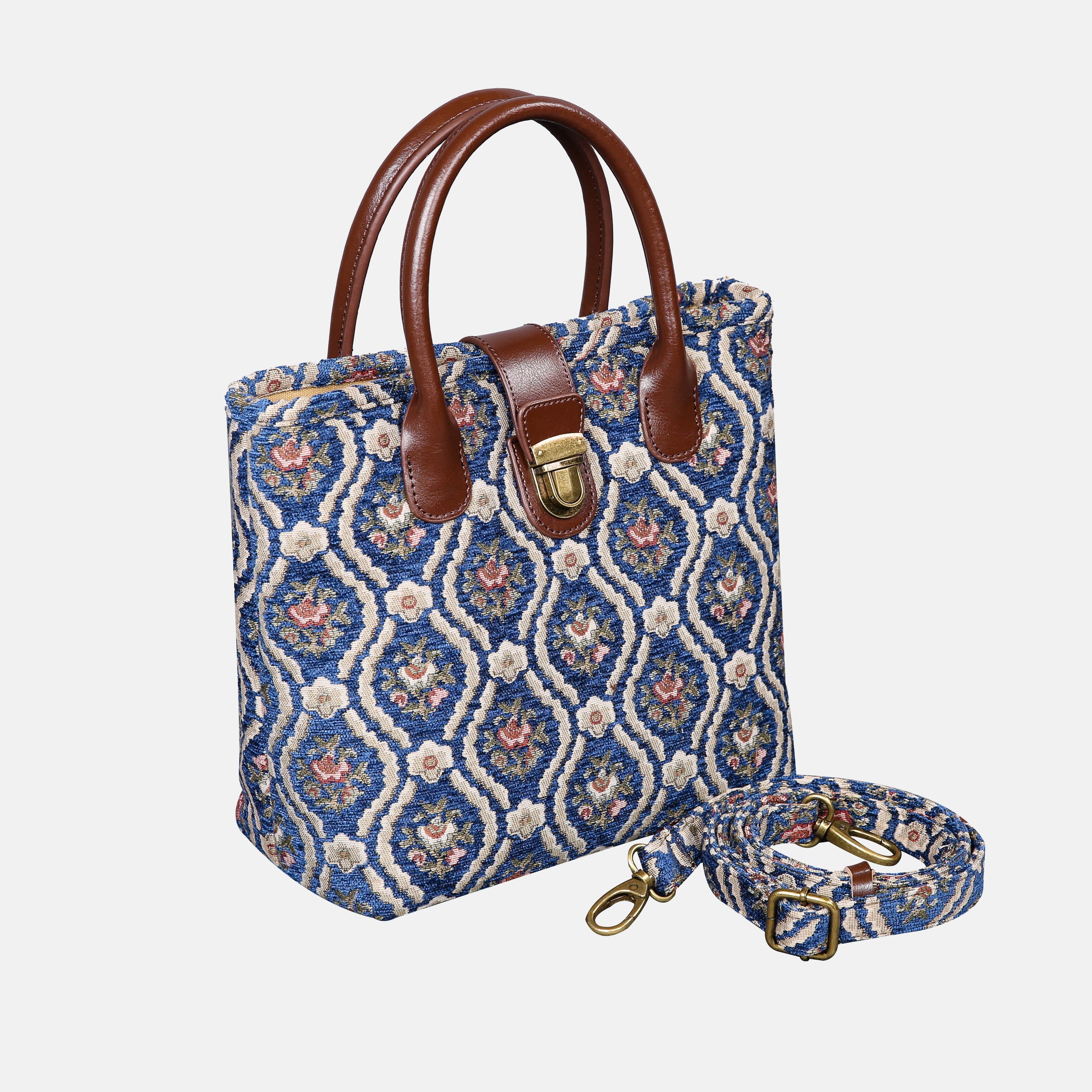 Traditional Blue Tuck Lock Carpet Satchel carpet bag MCW Handmade of America with strap