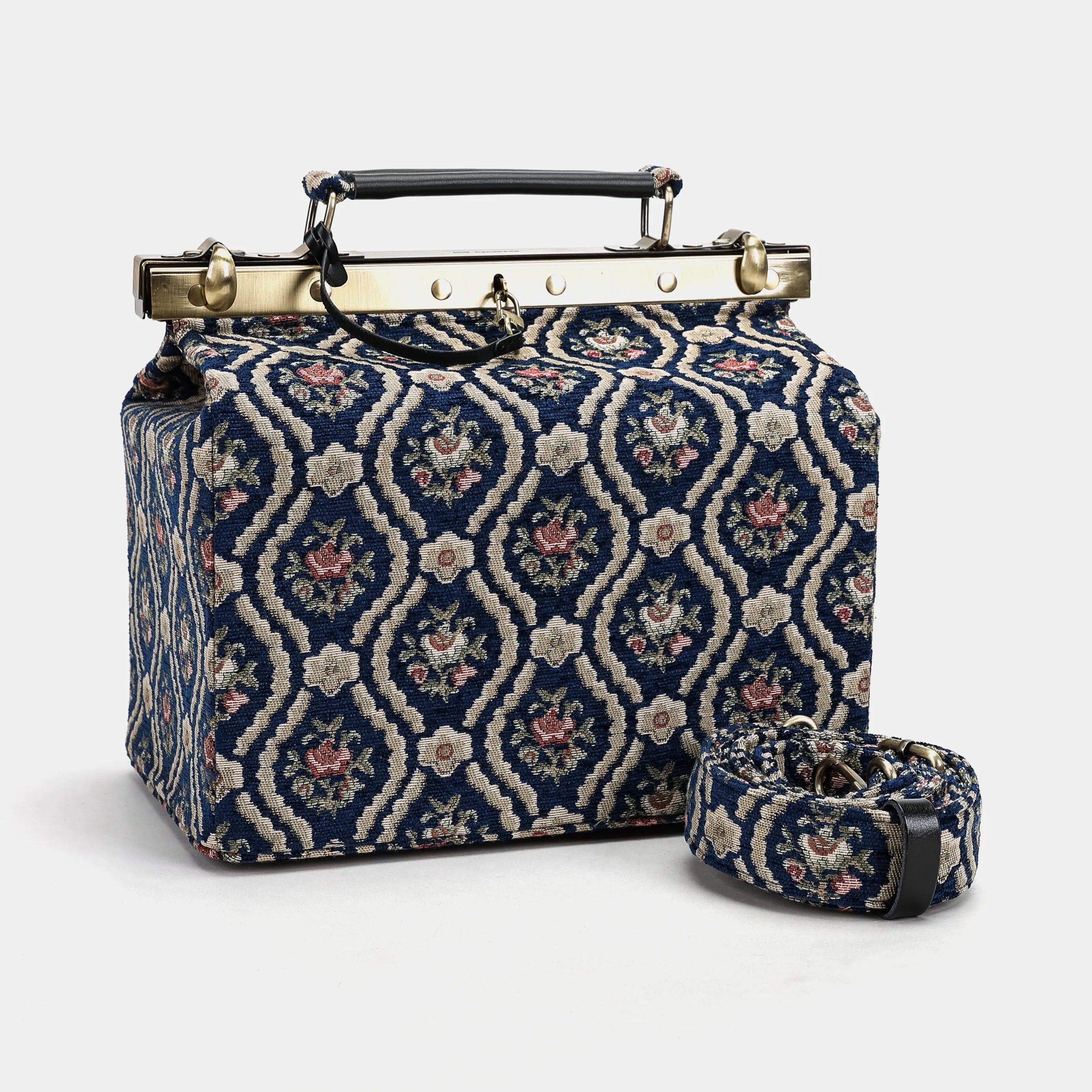 Traditional Blue Vivienne Carpet Purse Gladstone Bag of America with shoulder strap