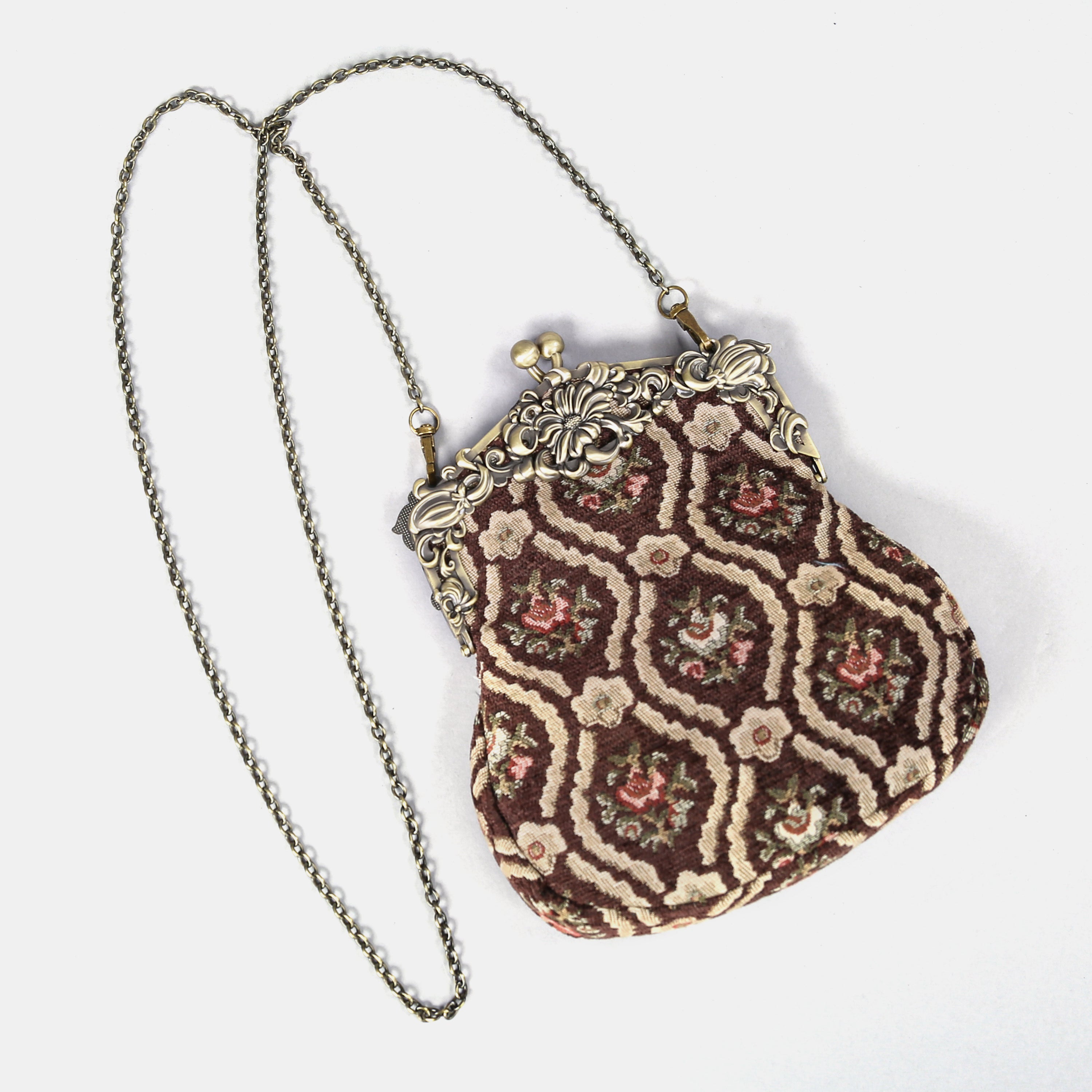 Traditional Brown Chatelaine Purse Large carpet bag of America with long chain