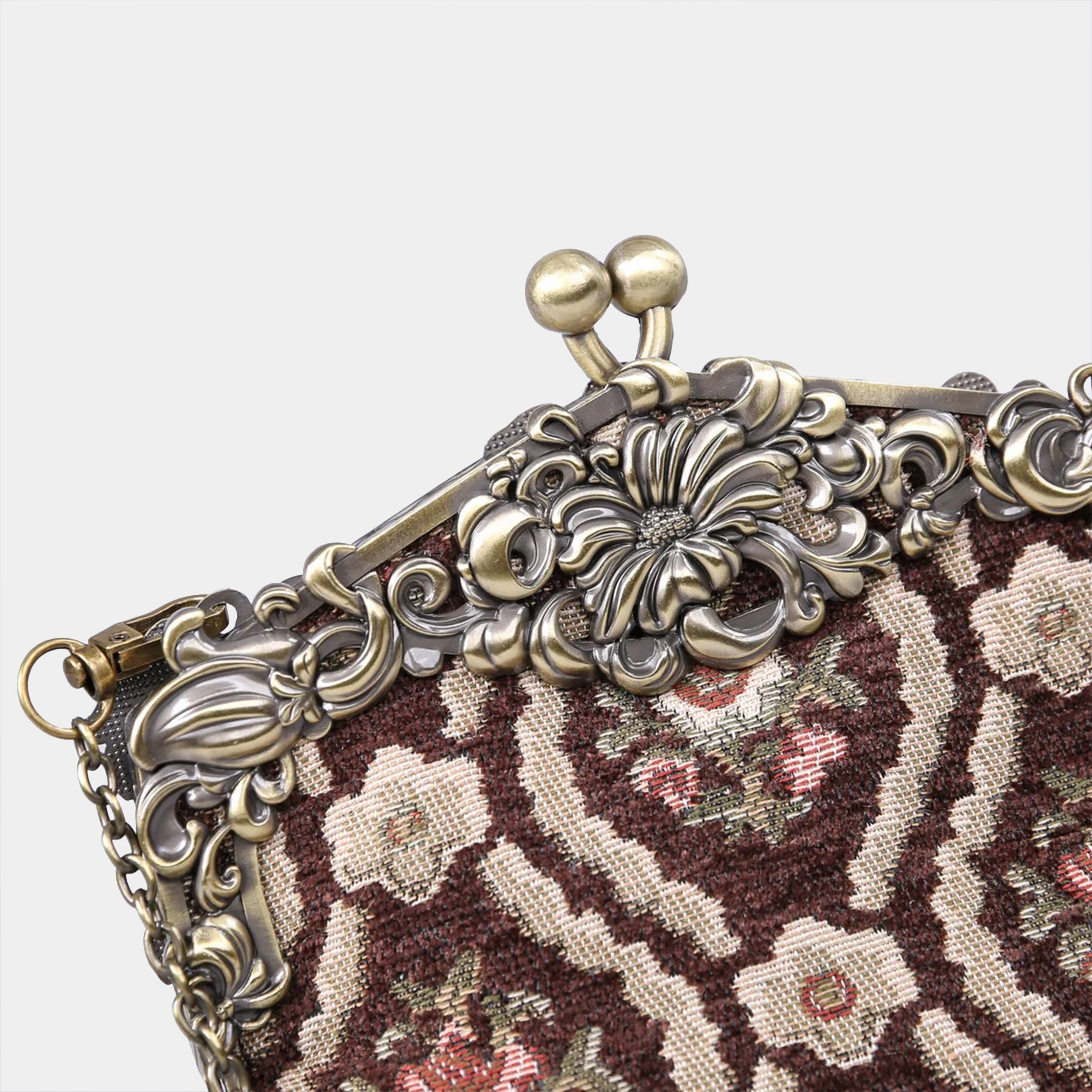 Traditional Brown Chatelaine Purse Large carpet bag of America detail